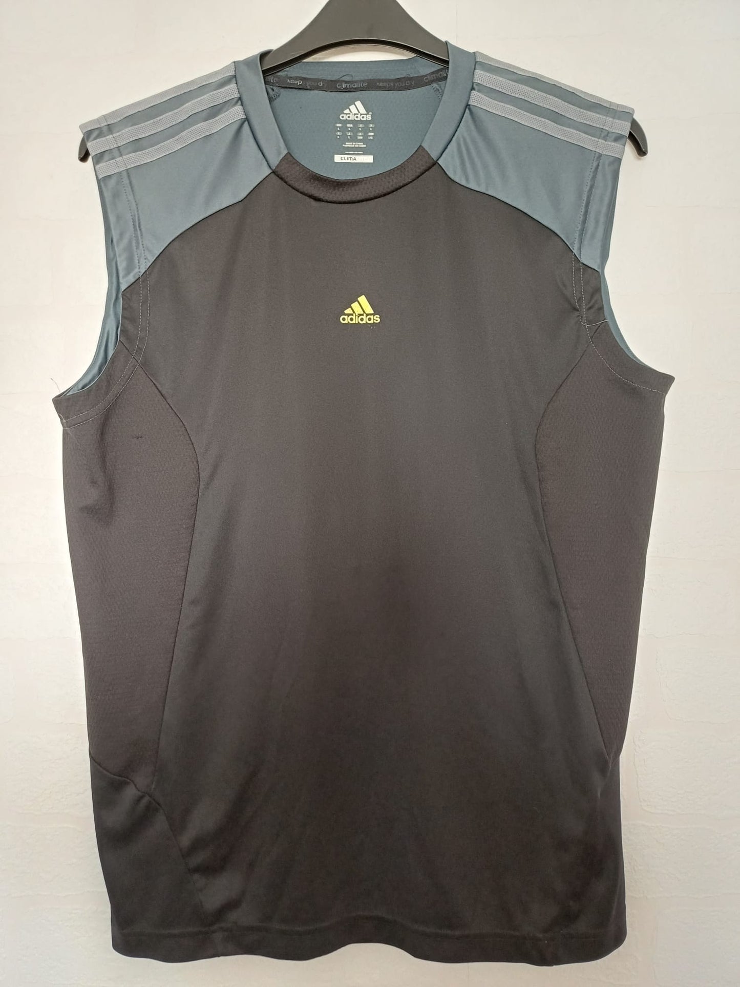 Men's Vest Adidas Climalite Black Blue Grey Stripe Sleeveless Running Training Size L Approx. 21" PTP - Good Condition