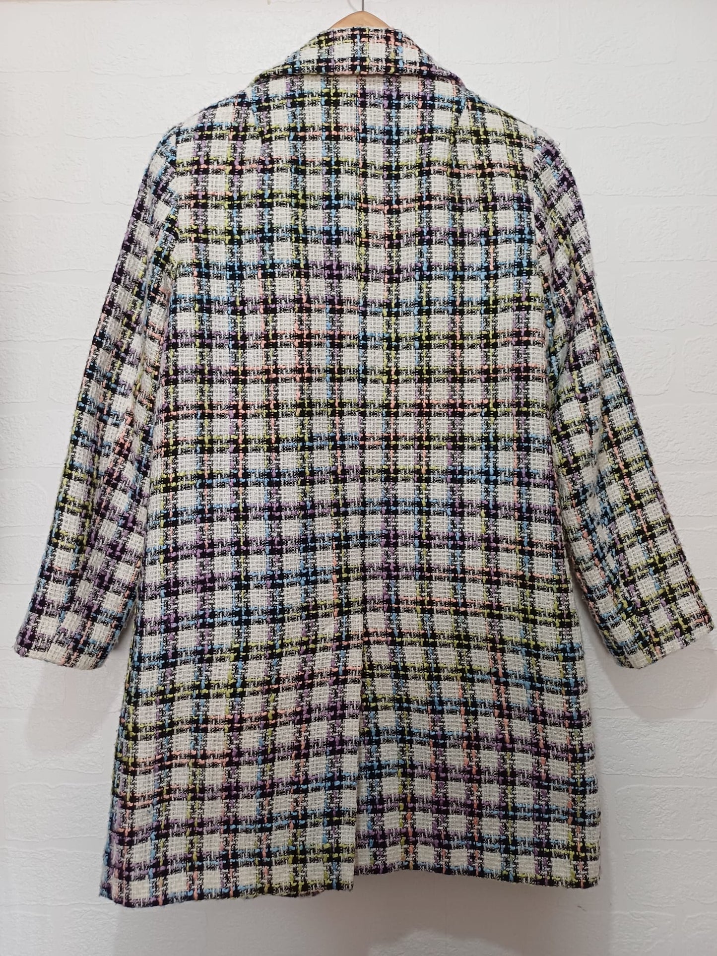 Women's Coat ASOS Multicolour Check Longline Open Front Textured Tweed Style Size 8 Approx. 18" PTP - Very Good Condition