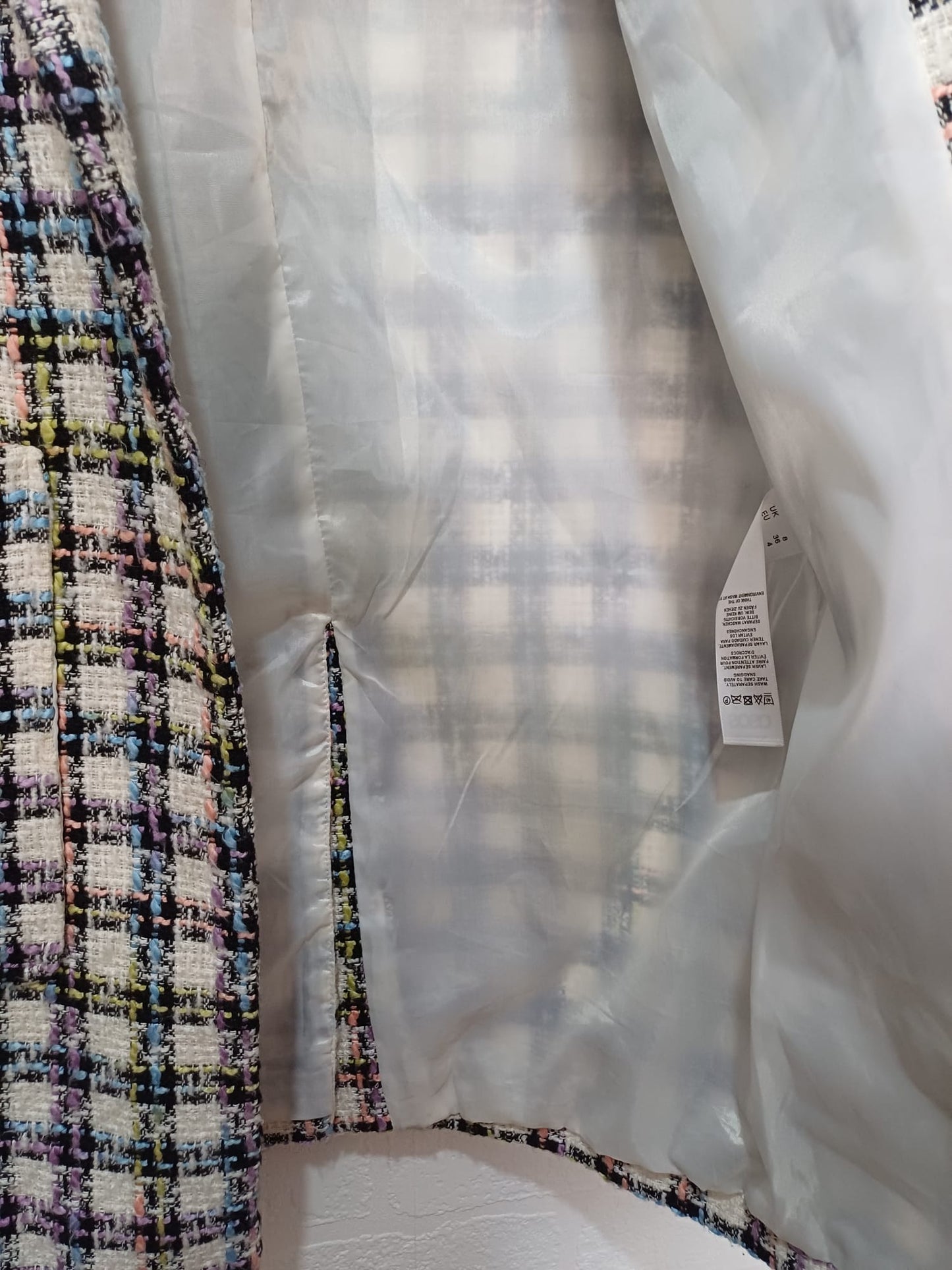 Women's Coat ASOS Multicolour Check Longline Open Front Textured Tweed Style Size 8 Approx. 18" PTP - Very Good Condition