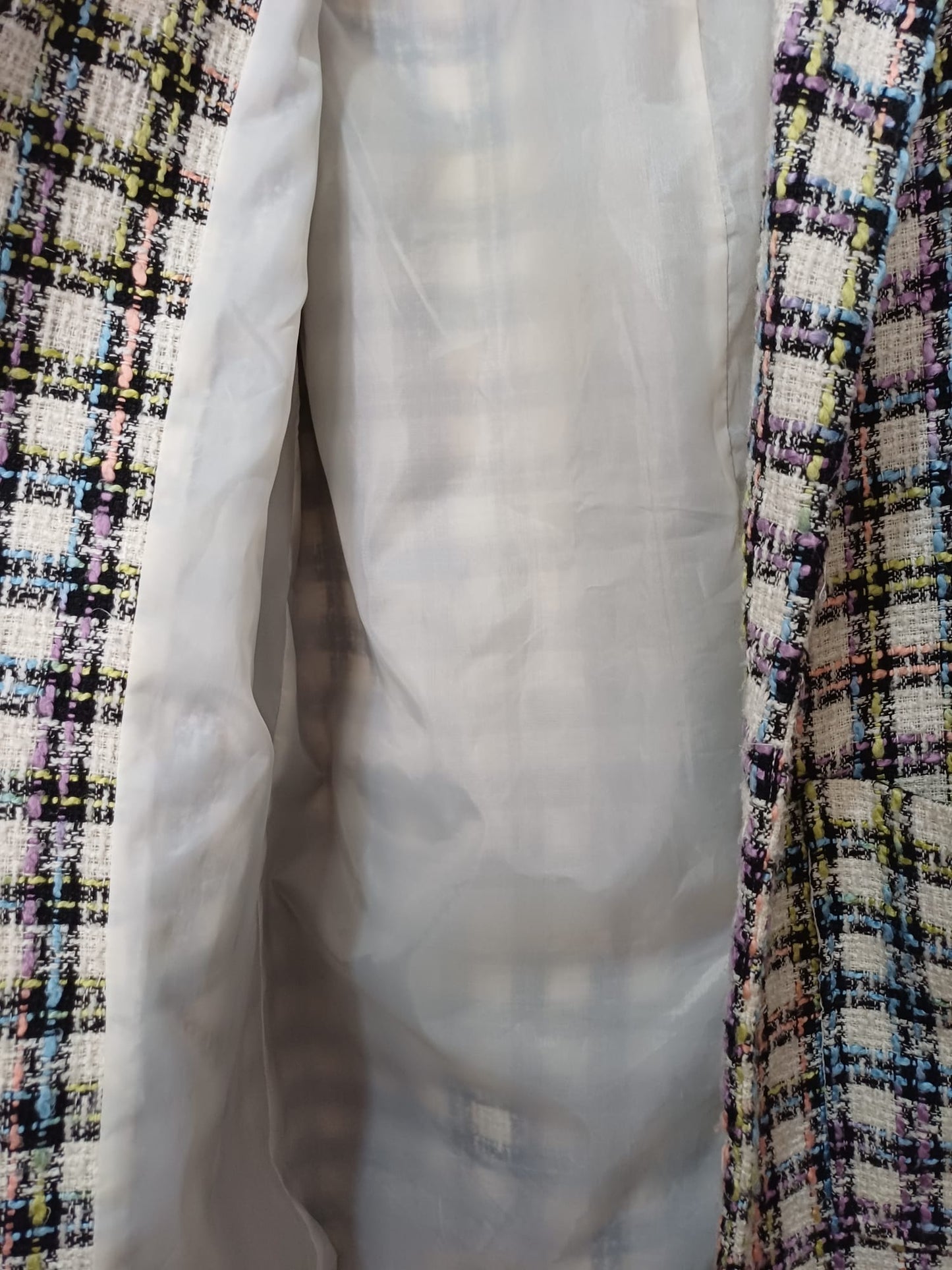 Women's Coat ASOS Multicolour Check Longline Open Front Textured Tweed Style Size 8 Approx. 18" PTP - Very Good Condition