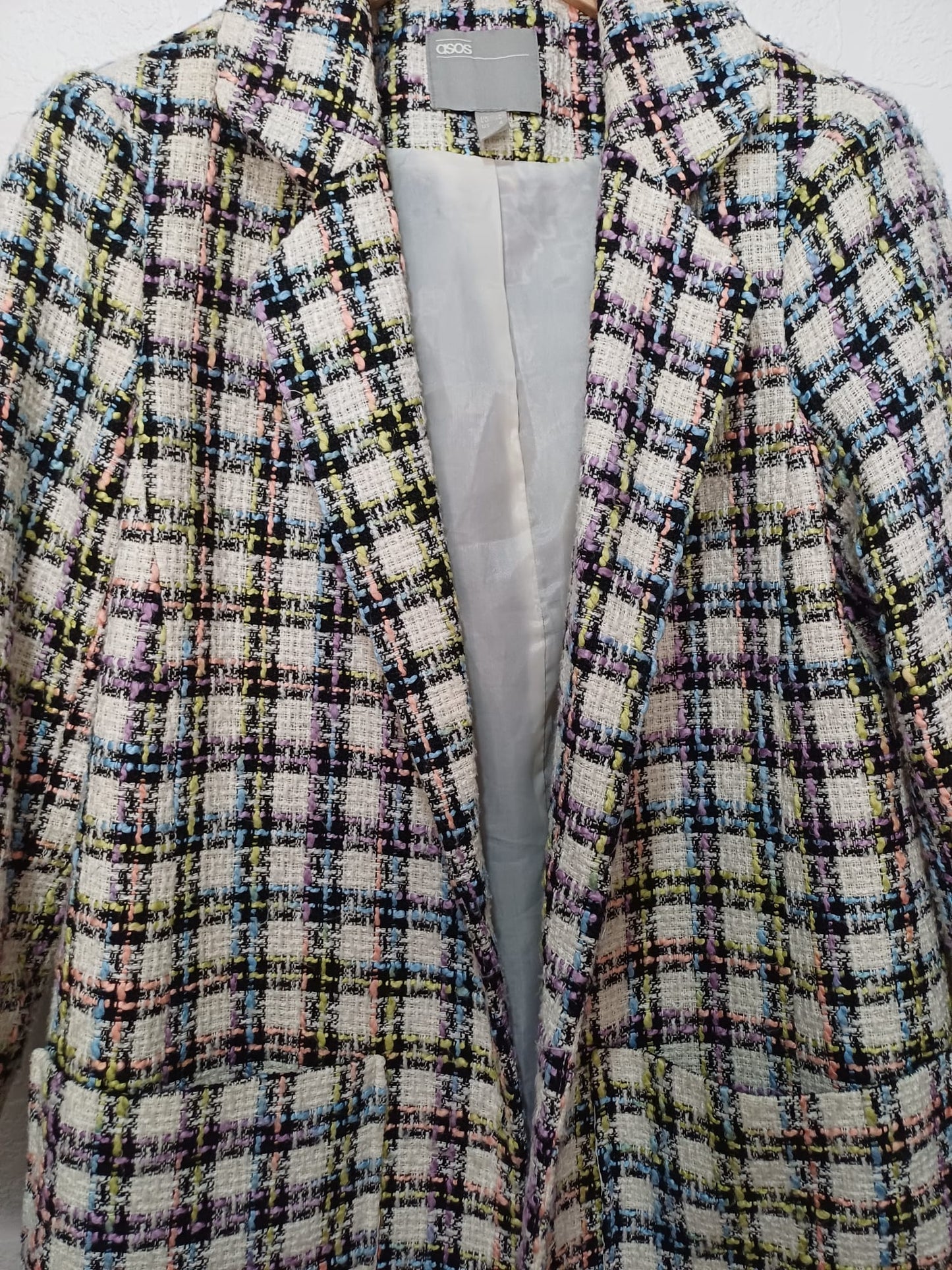 Women's Coat ASOS Multicolour Check Longline Open Front Textured Tweed Style Size 8 Approx. 18" PTP - Very Good Condition