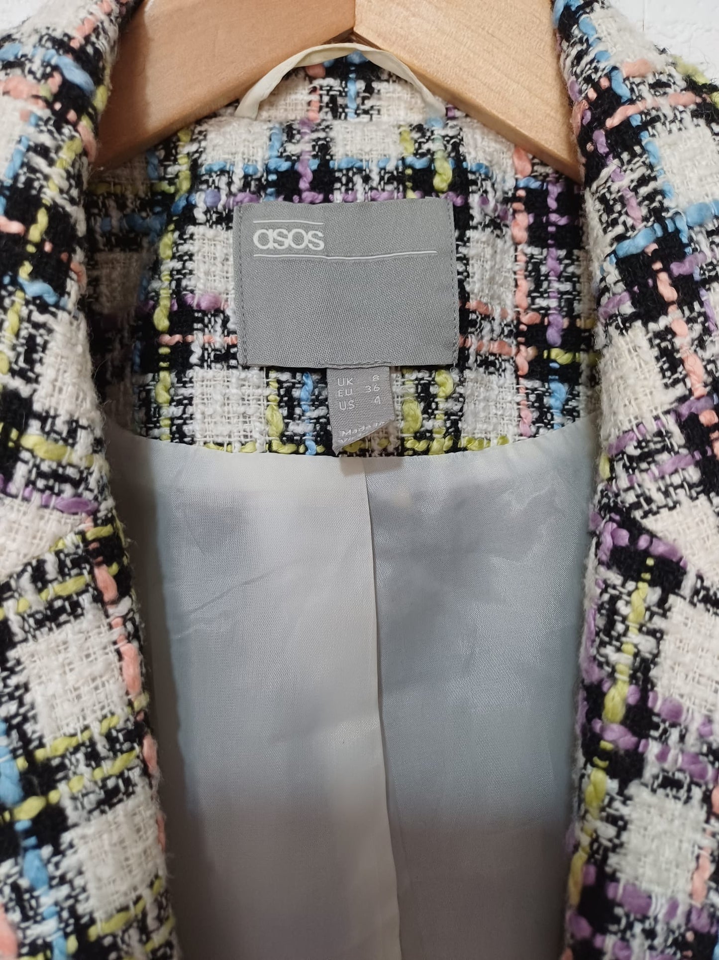Women's Coat ASOS Multicolour Check Longline Open Front Textured Tweed Style Size 8 Approx. 18" PTP - Very Good Condition