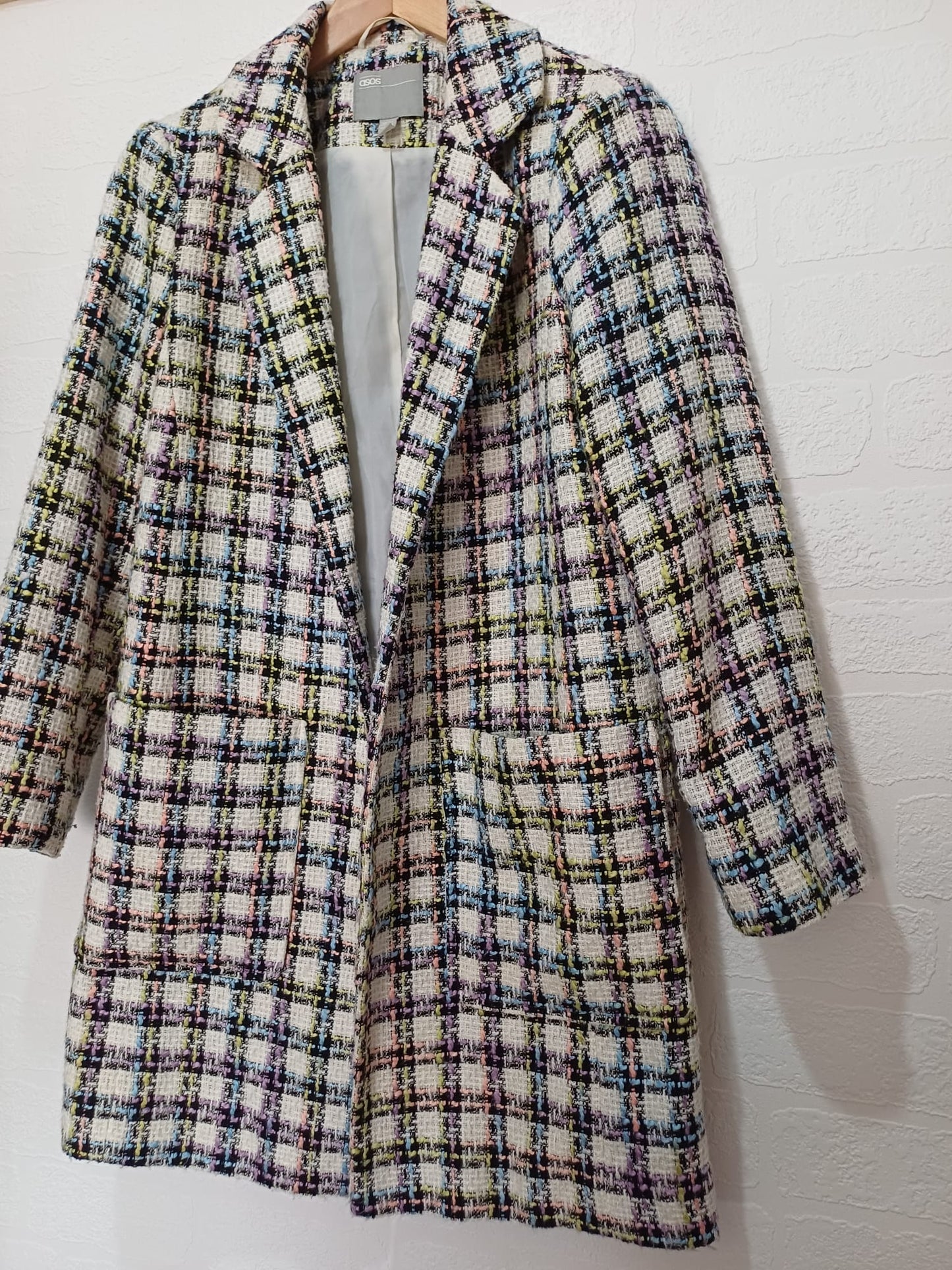 Women's Coat ASOS Multicolour Check Longline Open Front Textured Tweed Style Size 8 Approx. 18" PTP - Very Good Condition
