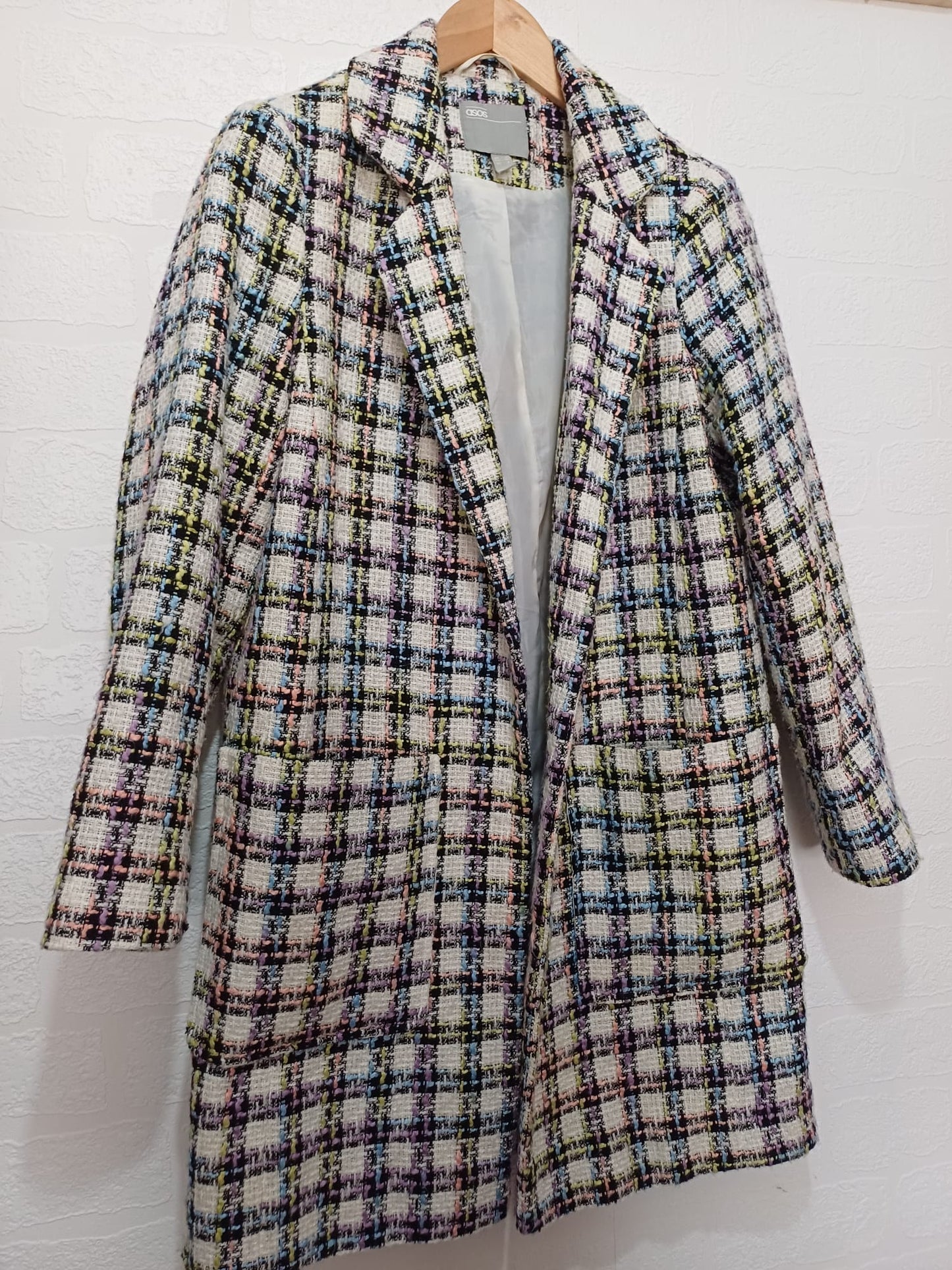 Women's Coat ASOS Multicolour Check Longline Open Front Textured Tweed Style Size 8 Approx. 18" PTP - Very Good Condition