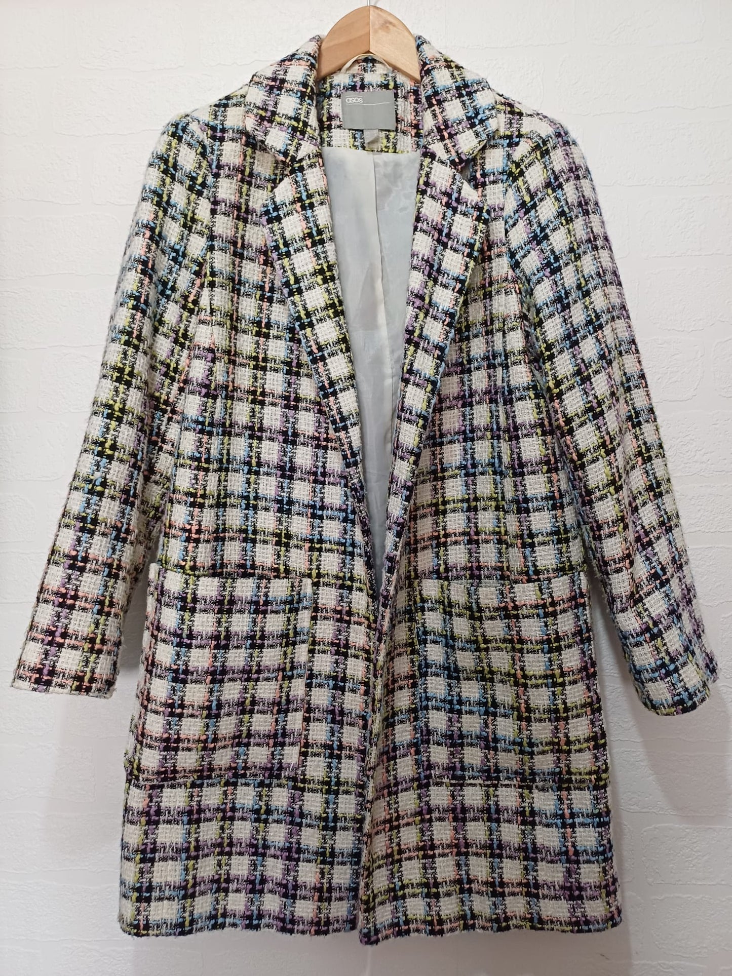 Women's Coat ASOS Multicolour Check Longline Open Front Textured Tweed Style Size 8 Approx. 18" PTP - Very Good Condition