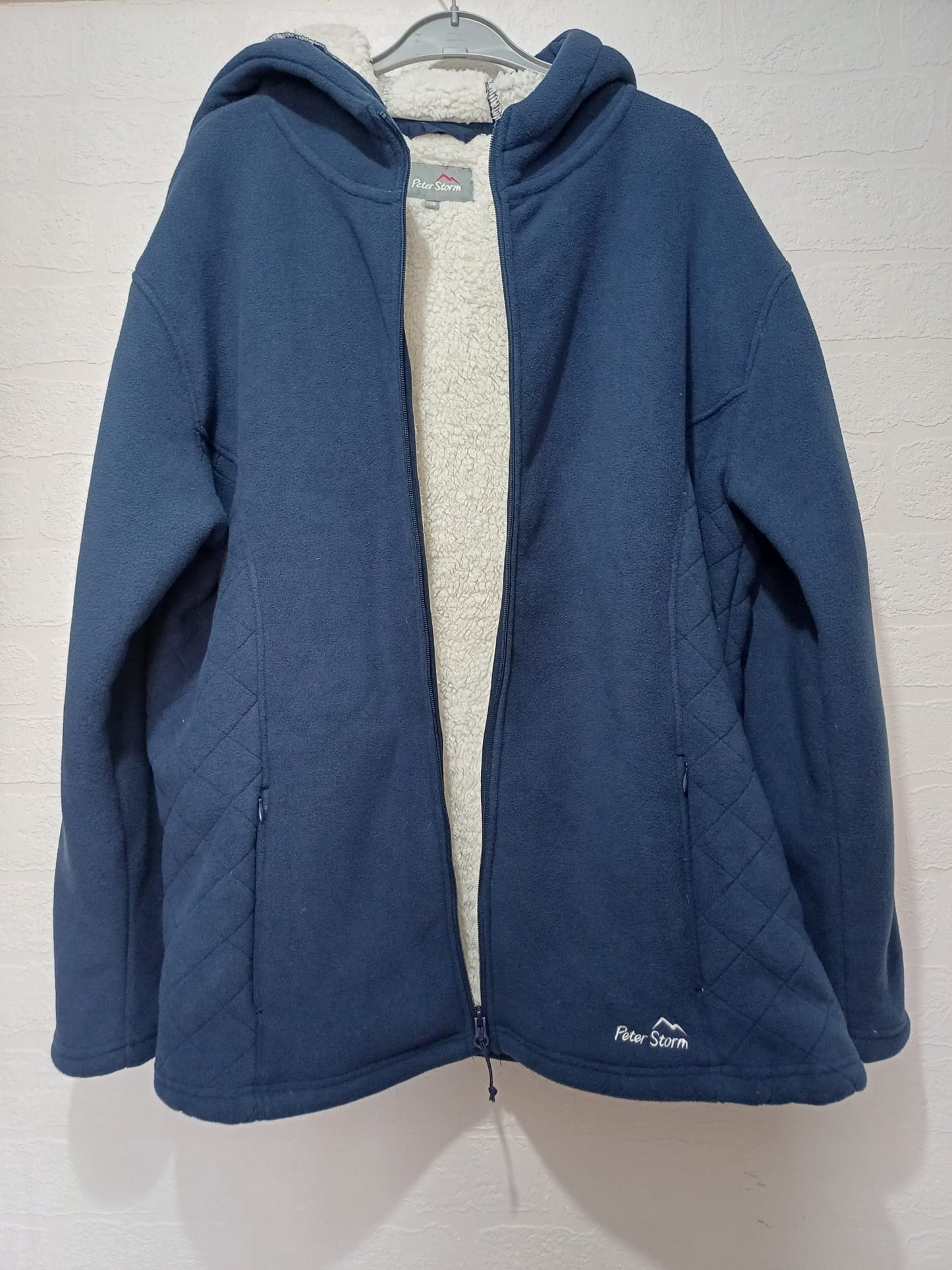Women's Fleece Jacket Peter Storm Navy Blue Sherpa Lined Hooded Full Zip Size 18 Approx. 24" PTP - Very Good Condition