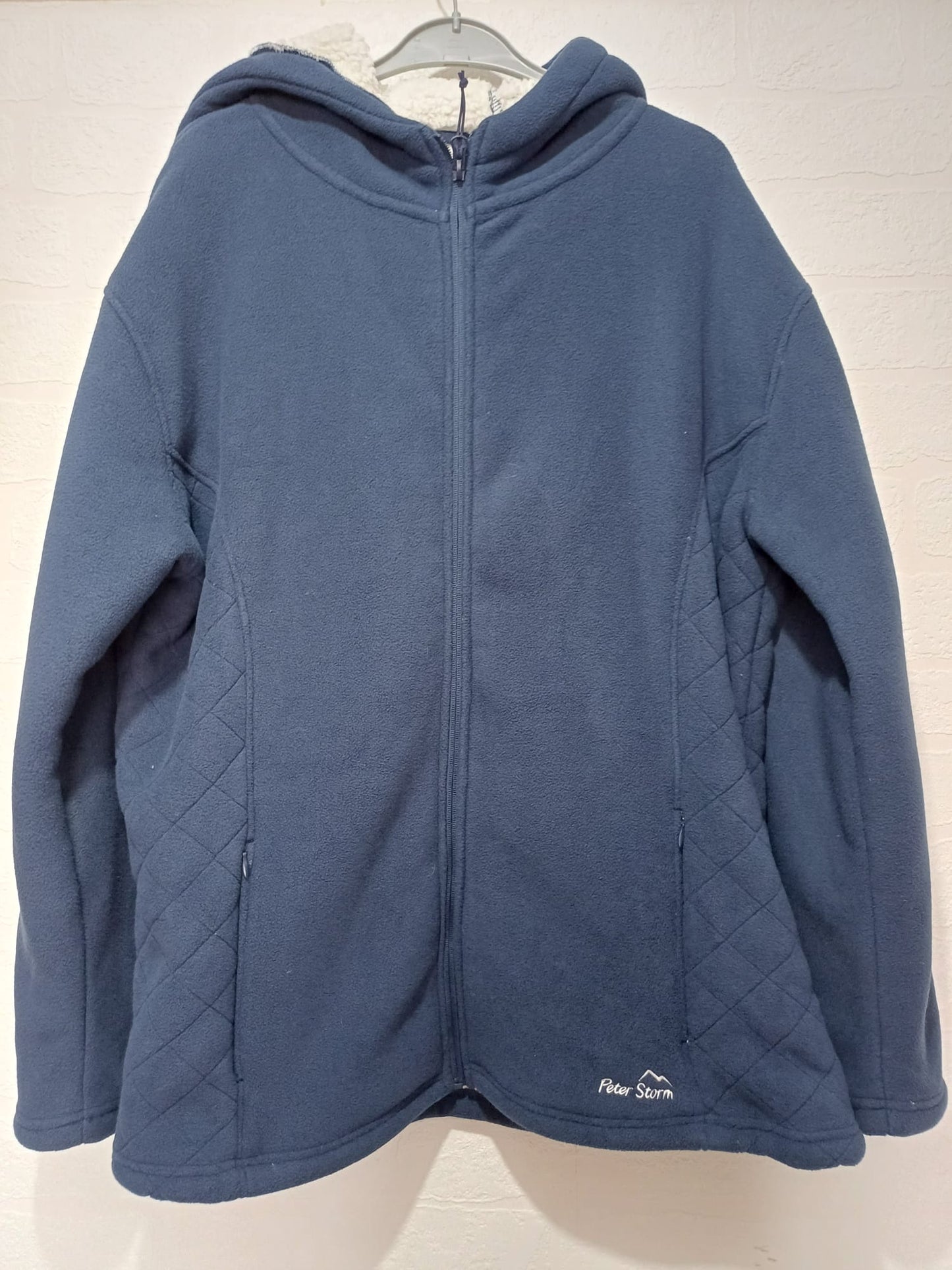 Women's Fleece Jacket Peter Storm Navy Blue Sherpa Lined Hooded Full Zip Size 18 Approx. 24" PTP - Very Good Condition