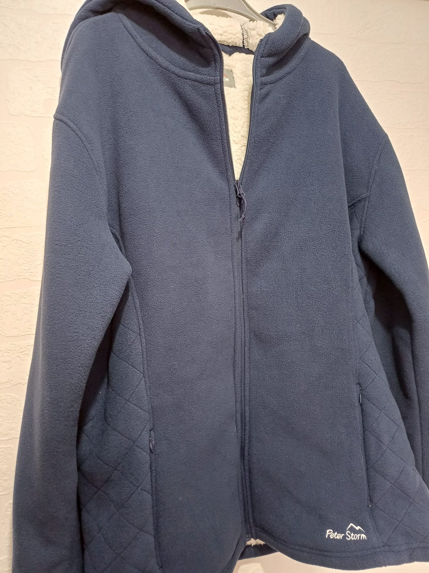 Women's Fleece Jacket Peter Storm Navy Blue Sherpa Lined Hooded Full Zip Size 18 Approx. 24" PTP - Very Good Condition