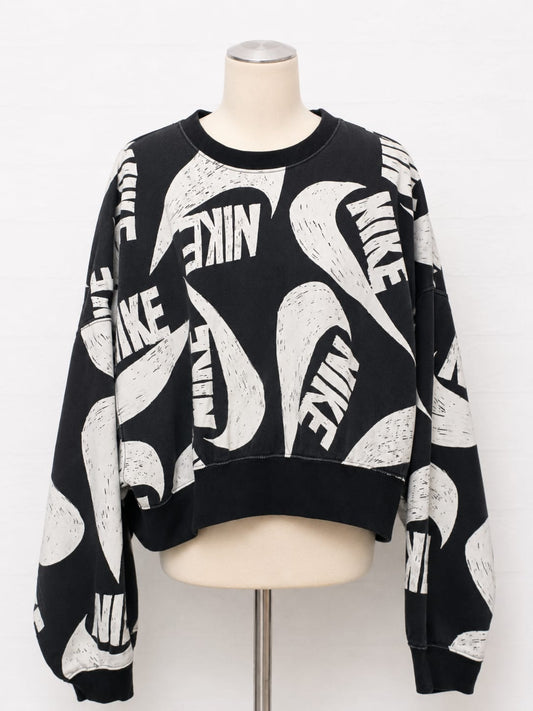 Women's Crop Top Nike Black White All Over Logo Print Soft Fleece Lined Oversized Size M Approx. 25" PTP - Very Good Condition