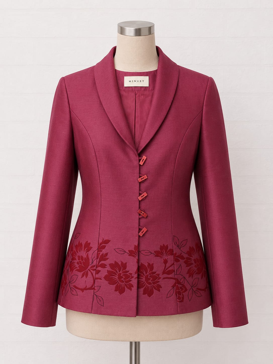 Women's Jacket Minuet Burgundy Floral Tailored Size 8 Approx. 16" PTP - Very Good Condition