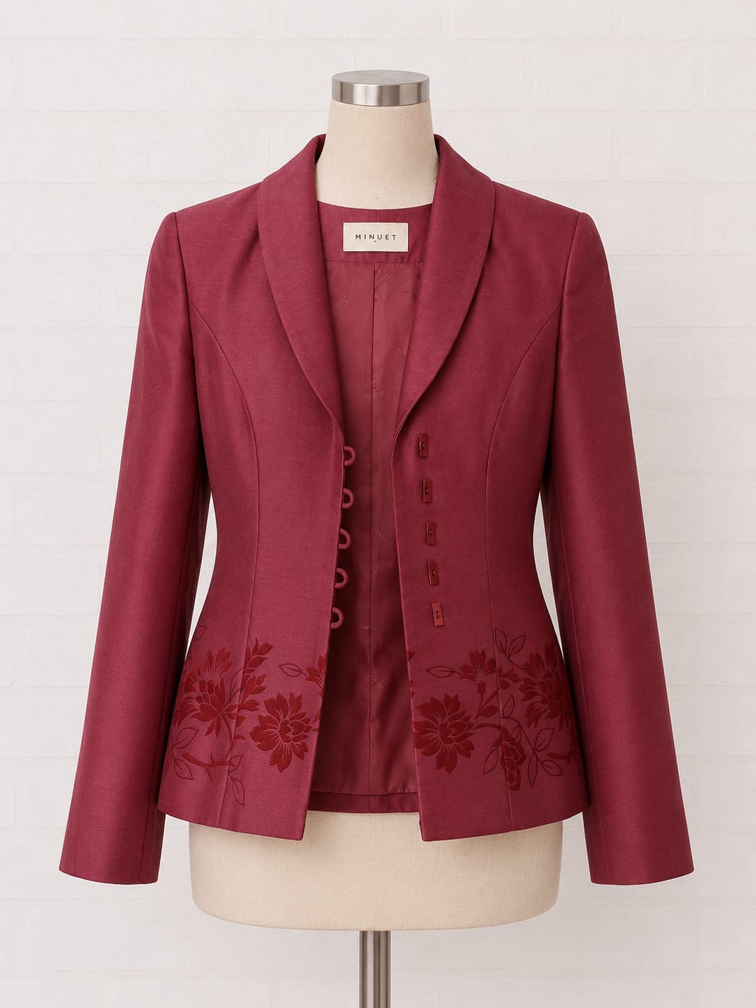 Women's Jacket Minuet Burgundy Floral Tailored Size 8 Approx. 16" PTP - Very Good Condition