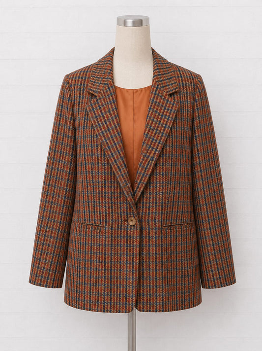 Women's Blazer Suburban Petites Brown Blue Check Vintage Tailored Size 12 Approx. 18" PTP - Very Good Condition