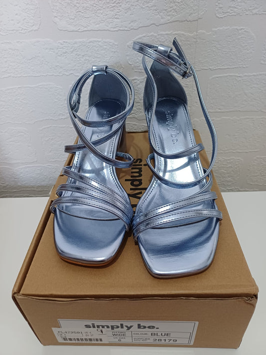 Women's Metallic Blue Silver Block Heel Sandals Simply Be Wide Fit Size 4 - New