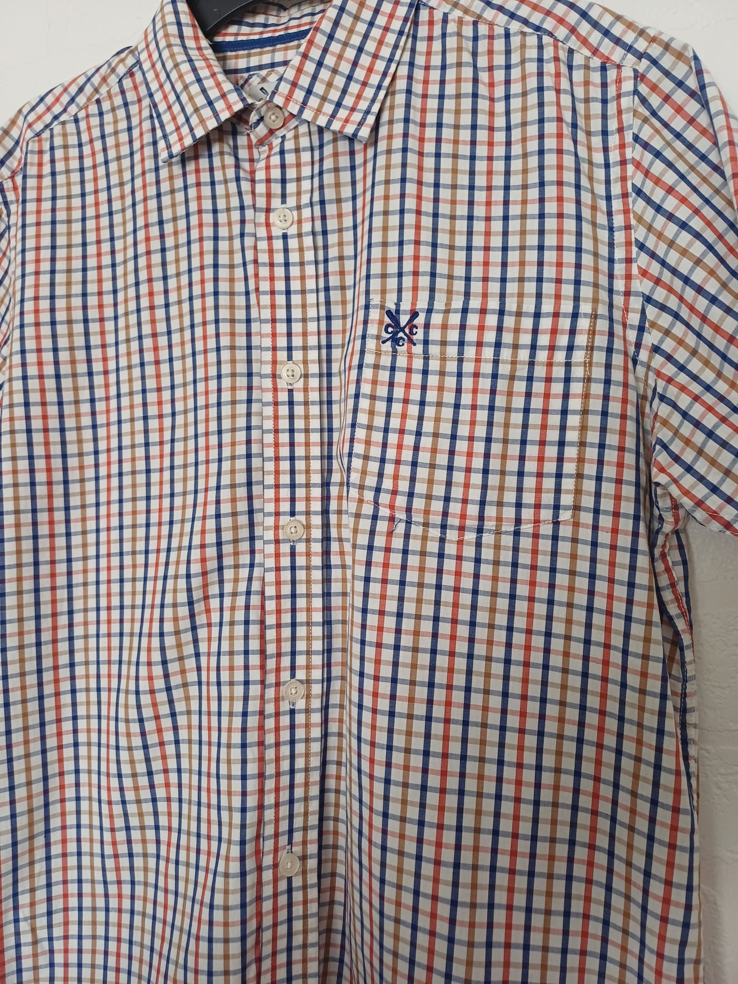 Men's Shirt Crew Clothing Multicoloured Check Short Sleeve Approx. 21" PTP - Very Good Condition