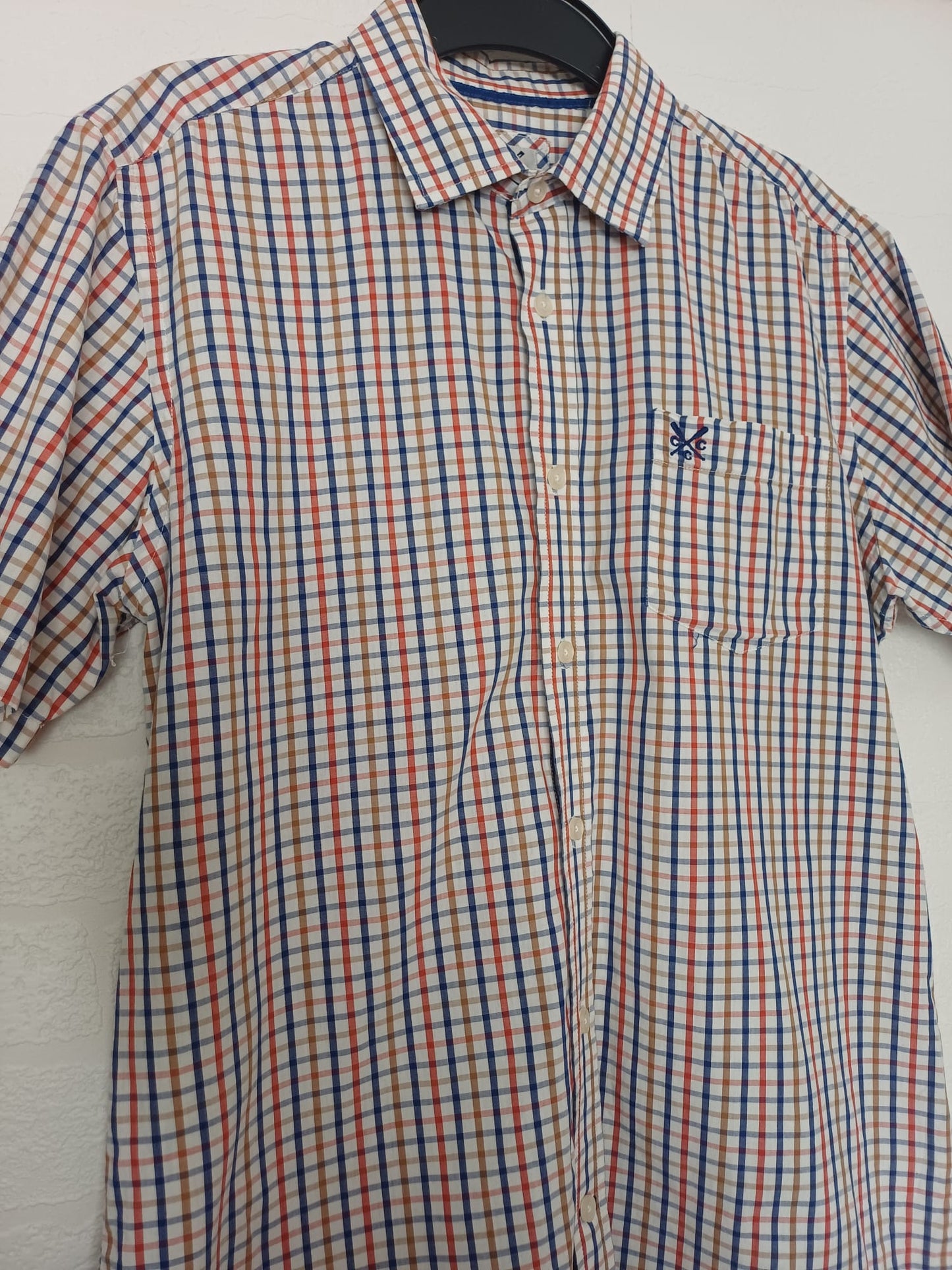 Men's Shirt Crew Clothing Multicoloured Check Short Sleeve Approx. 21" PTP - Very Good Condition