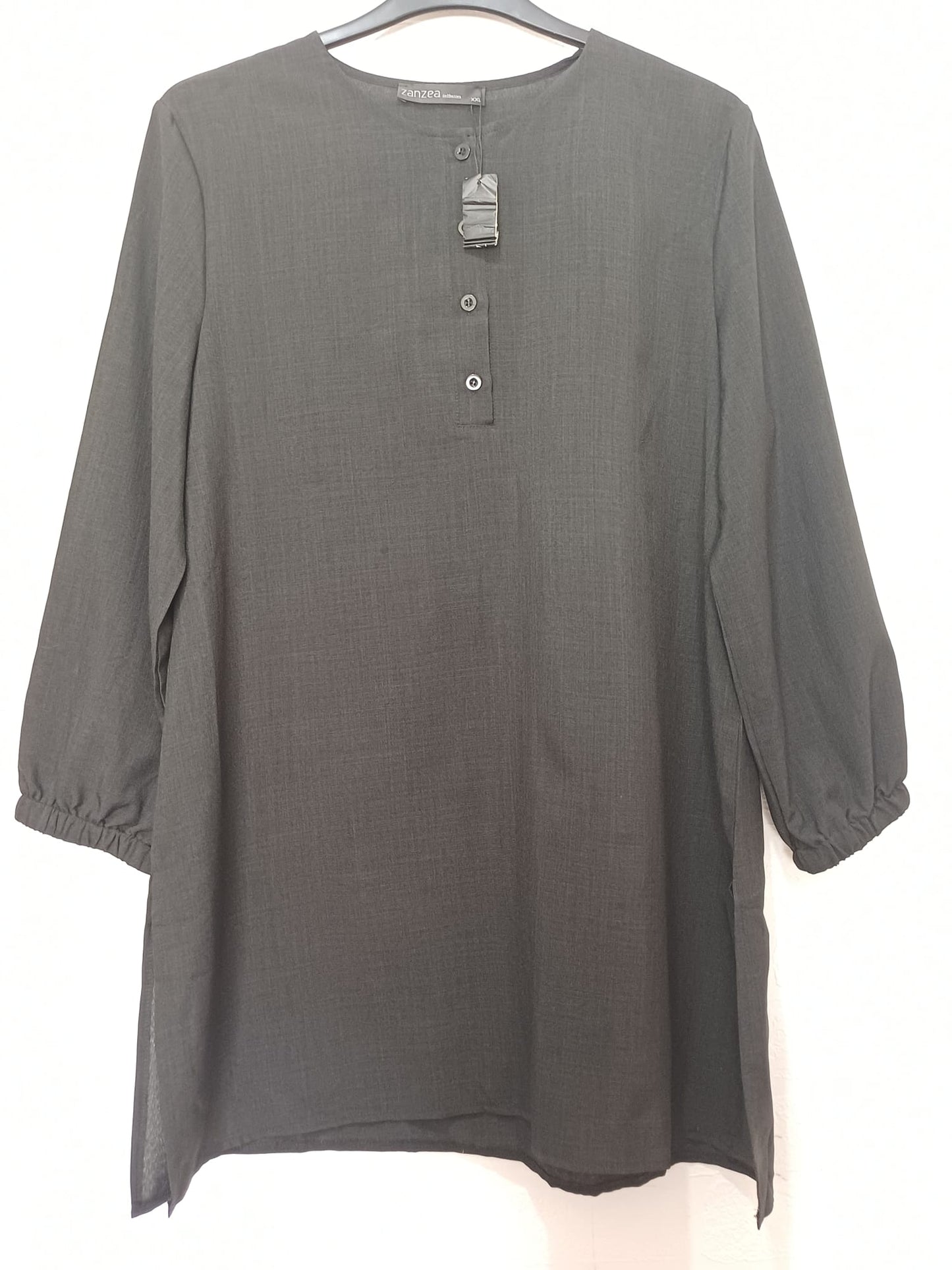 Women's Longline Tunic Blouse Top ZANZEA Black 3/4 Sleeve Round Neck Button Detail XXL Approx. 23" PTP - Very Good Condition