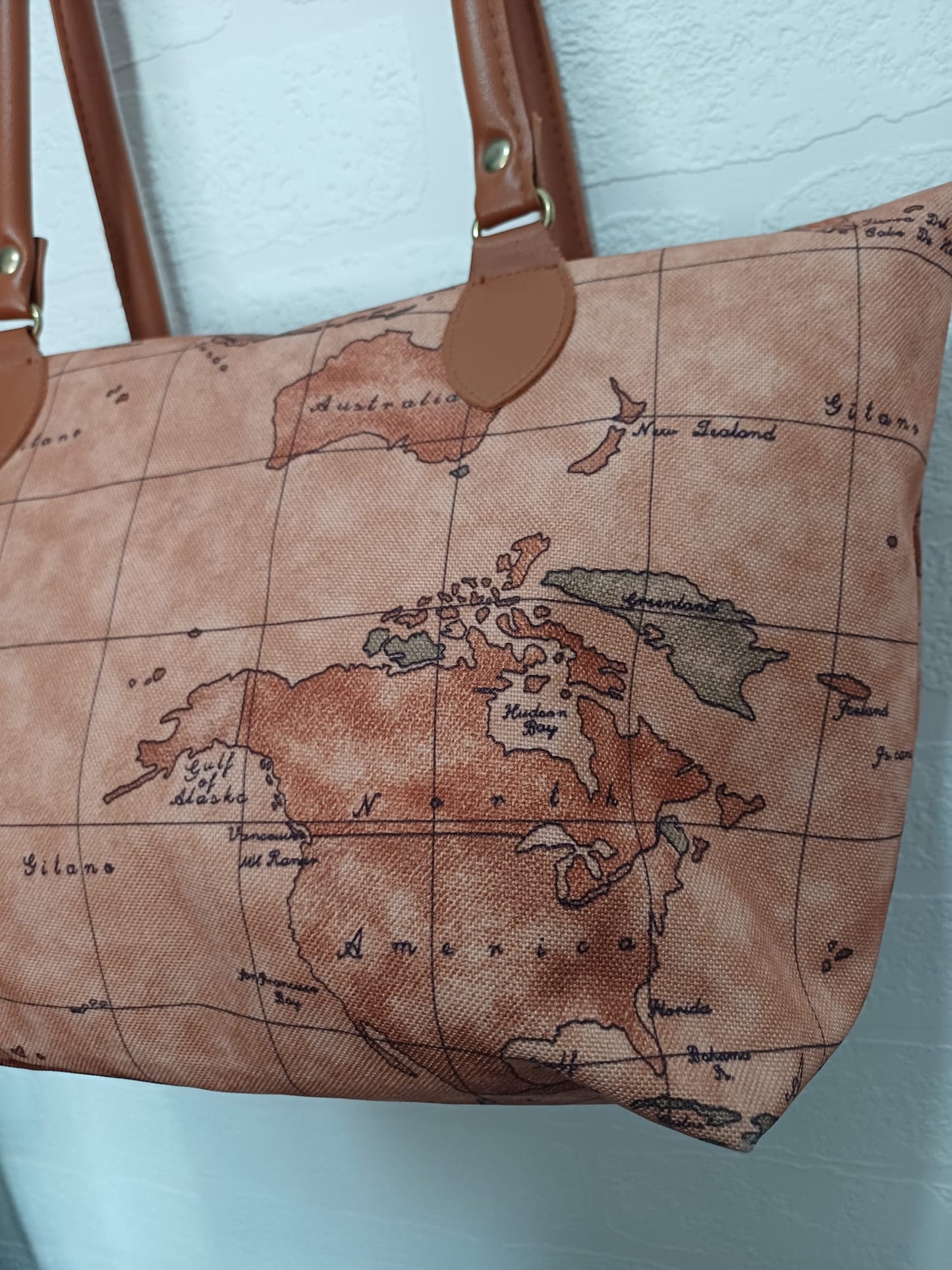 Vintage Style World Map Print Tote Shoulder Bag Brown Zip Top Twin Straps - Very Good Condition