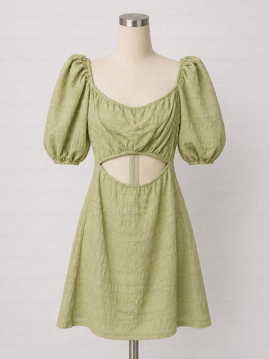 Women's Mini Dress Pretty Little Thing Sage Green Cut Out Puff Sleeve Size 6 Approx. 13" PTP - Brand New With Tags