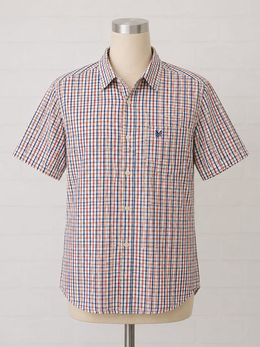 Men's Shirt Crew Clothing Multicoloured Check Short Sleeve Approx. 21" PTP - Very Good Condition
