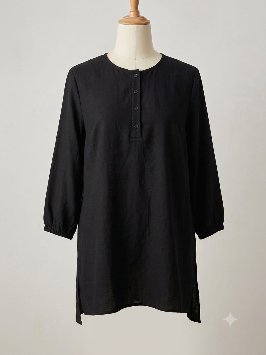 Women's Longline Tunic Blouse Top ZANZEA Black 3/4 Sleeve Round Neck Button Detail XXL Approx. 23" PTP - Very Good Condition