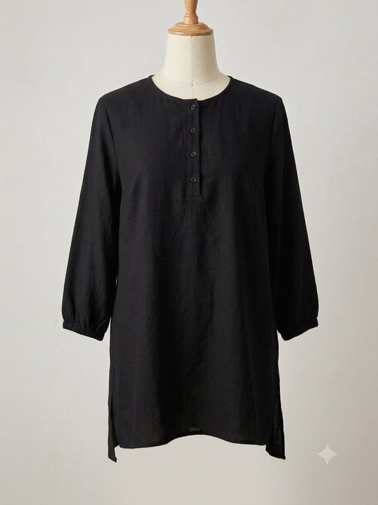 Women's Longline Tunic Blouse Top ZANZEA Black 3/4 Sleeve Round Neck Button Detail XXL Approx. 23" PTP - Very Good Condition