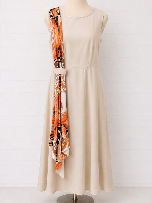 Women's Maxi Dress SHEIN Petite Cream/White Orange Scarf Horse Print Sleeveless Petite Size L Approx. 19" PTP - Very Good Condition