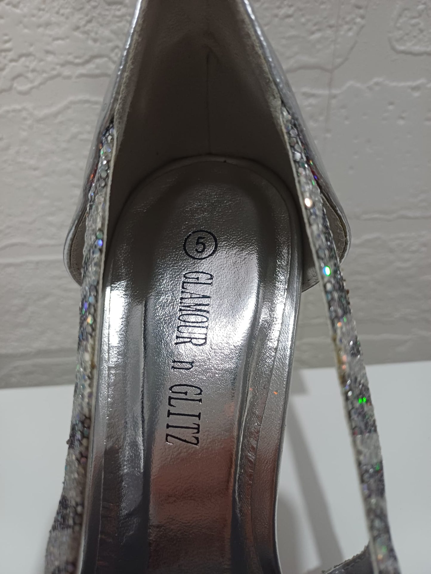 Glamour & Glitz Glitter Court Shoes Silver Stiletto Pointed Toe Size 5 Approx. 10cm Heel - New In Box