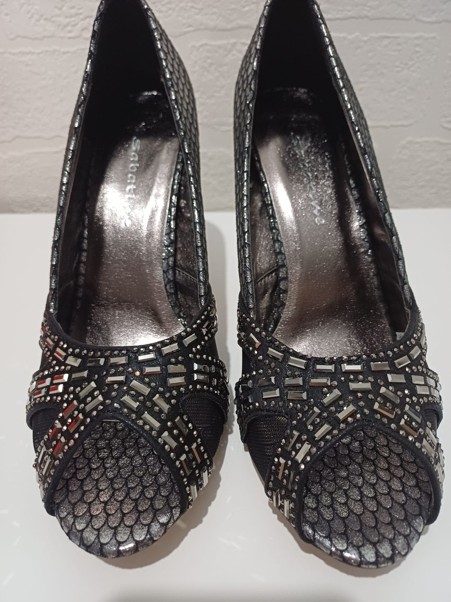 Women's Court Shoes Sabatine Pewter Shimmer Diamante Peep Toe Stiletto Size 4 Approx. 9cm Heel - New In Box
