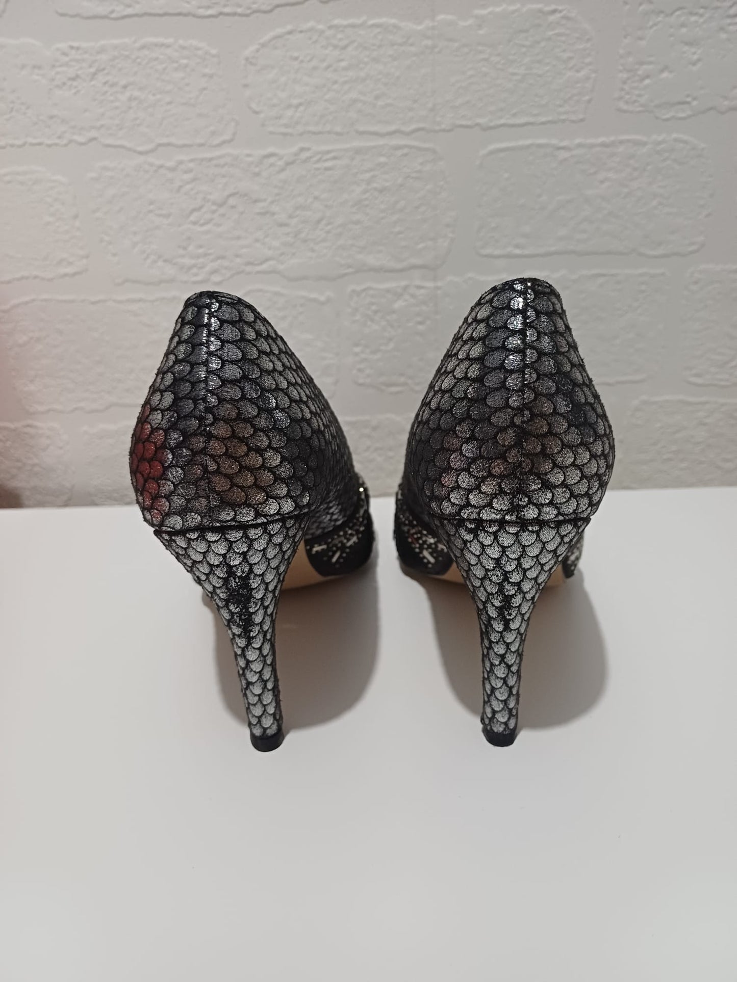 Women's Court Shoes Sabatine Pewter Shimmer Diamante Peep Toe Stiletto Size 4 Approx. 9cm Heel - New In Box