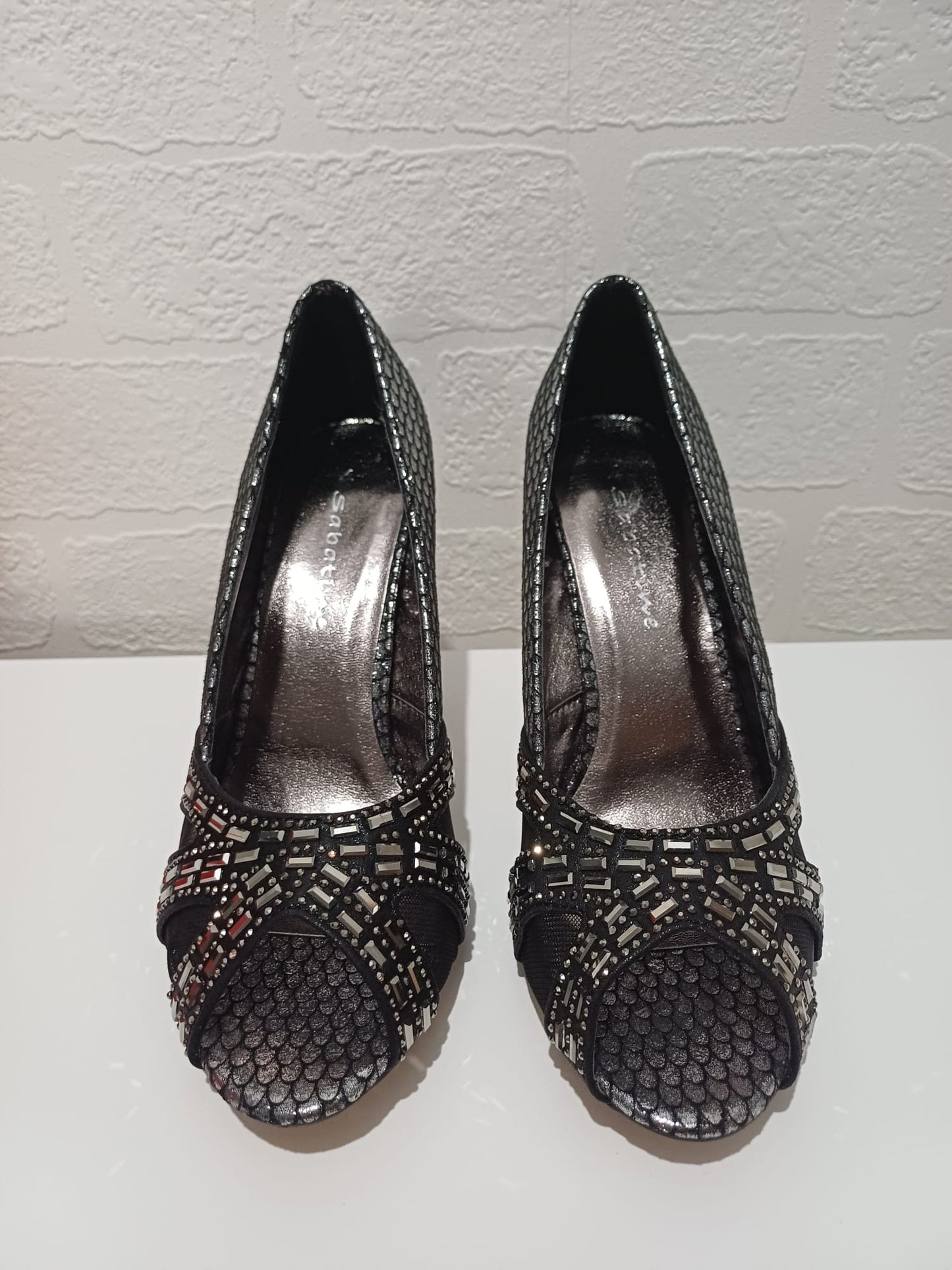 Women's Court Shoes Sabatine Pewter Shimmer Diamante Peep Toe Stiletto Size 4 Approx. 9cm Heel - New In Box