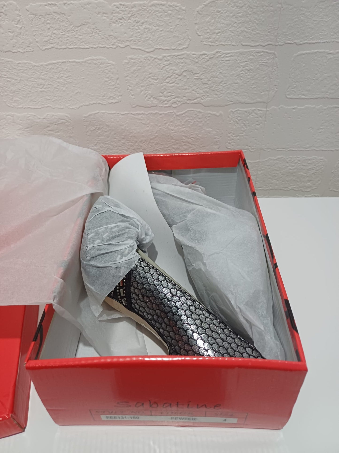 Women's Court Shoes Sabatine Pewter Shimmer Diamante Peep Toe Stiletto Size 4 Approx. 9cm Heel - New In Box