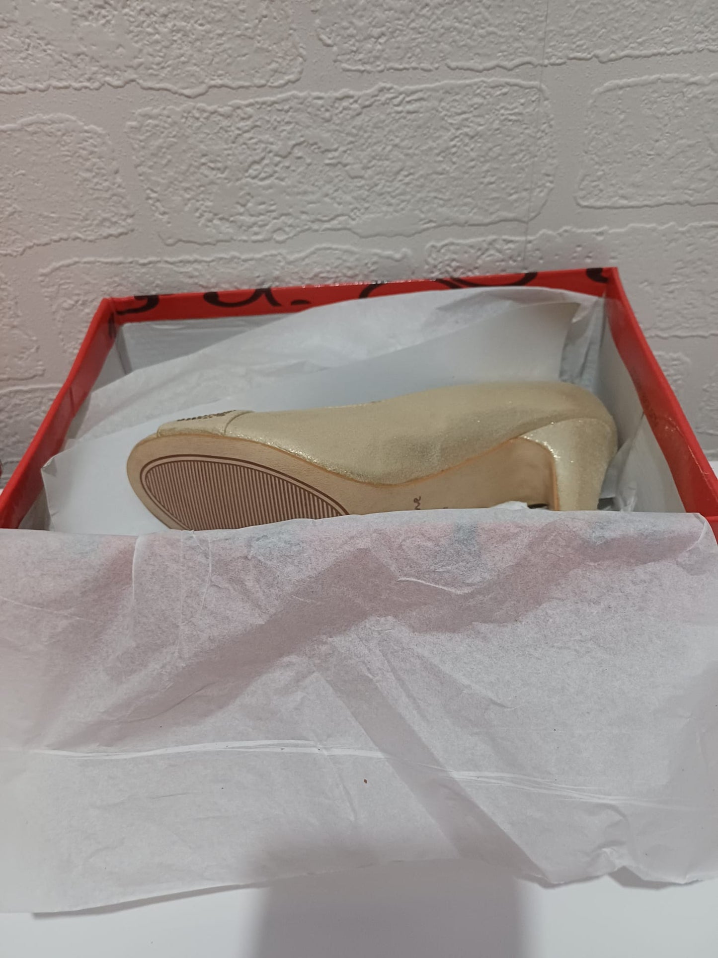 Women's Court Shoes Sabatine Gold Shimmer Diamante Peep Toe Stiletto Size 4 Approx. 9cm Heel - New In Box