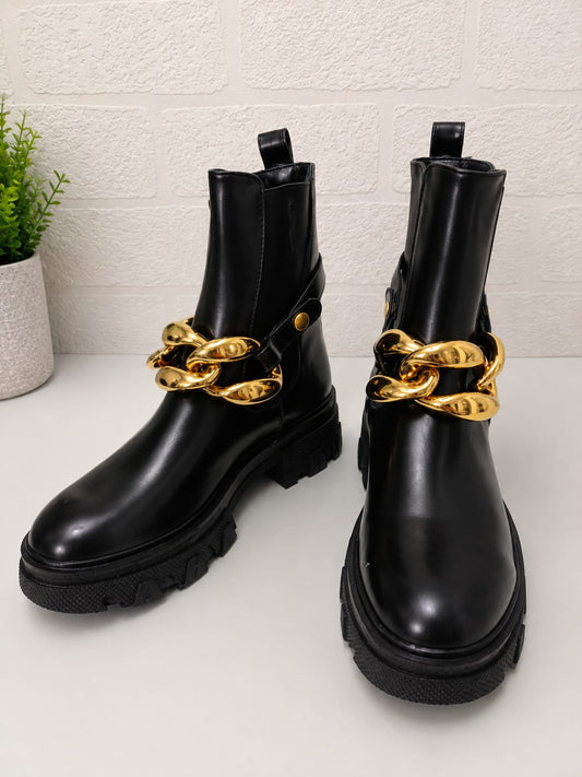 Women's Chelsea Ankle Boots Black Chunky Gold Chain Detail UK 6 - New Without Box