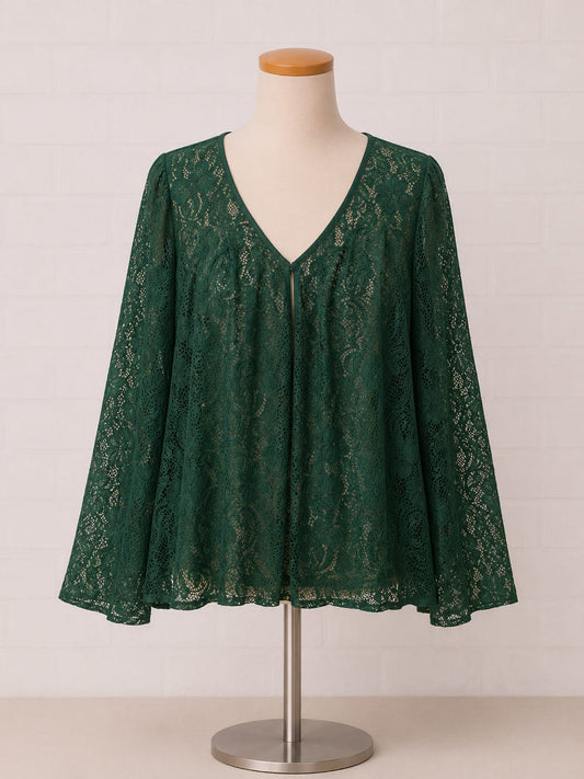 Women's Shrug Cardigan Abollria Dark Green Floral Lace Sheer Long Sleeve Size L Approx. 18" PTP - Brand New With Tags