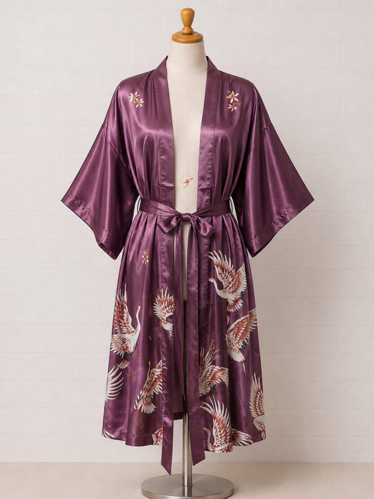 Women's Japanese Style Dressing Gown Purple Floral Stalks with Belt Size L - New Without Tags