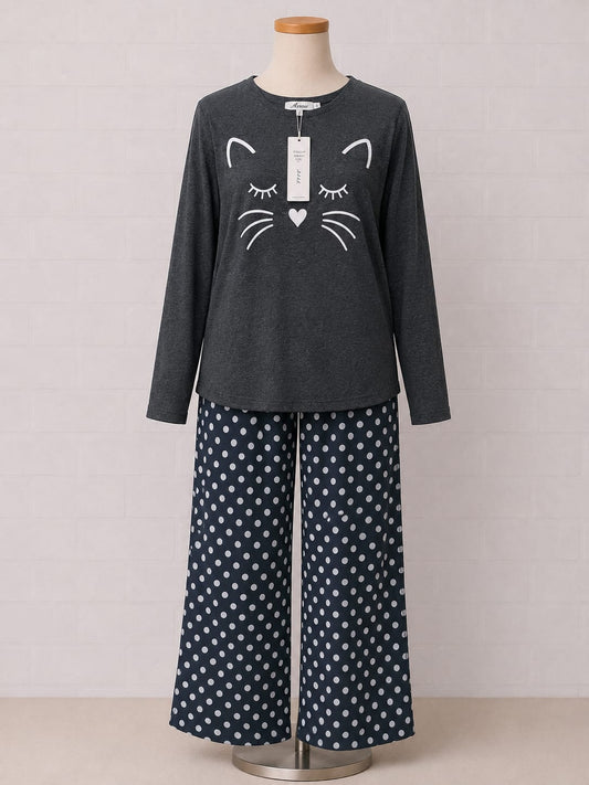 Women's Pyjama Set Aibrou Navy Blue Polka Dot Trousers Grey Cat Top Size S - Brand New With Tags