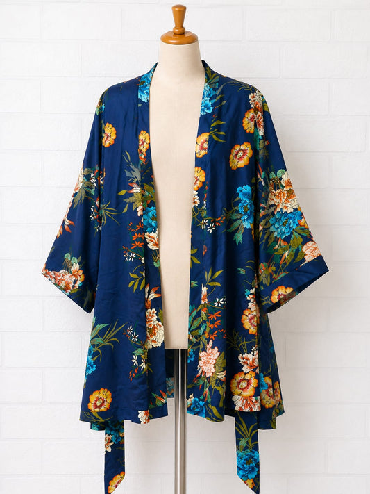 Women's Japanese Style Dressing Gown Hawiton Navy Blue Multi Floral Size 2XL with Belt - Brand New With Tags