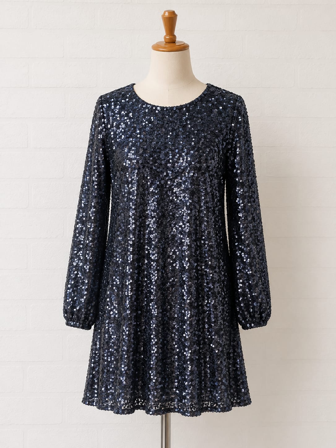 Women's Sequin Party Dress Charming Navy Blue Long Sleeve Approx. UK 12 Approx. 18" PTP - Good Condition