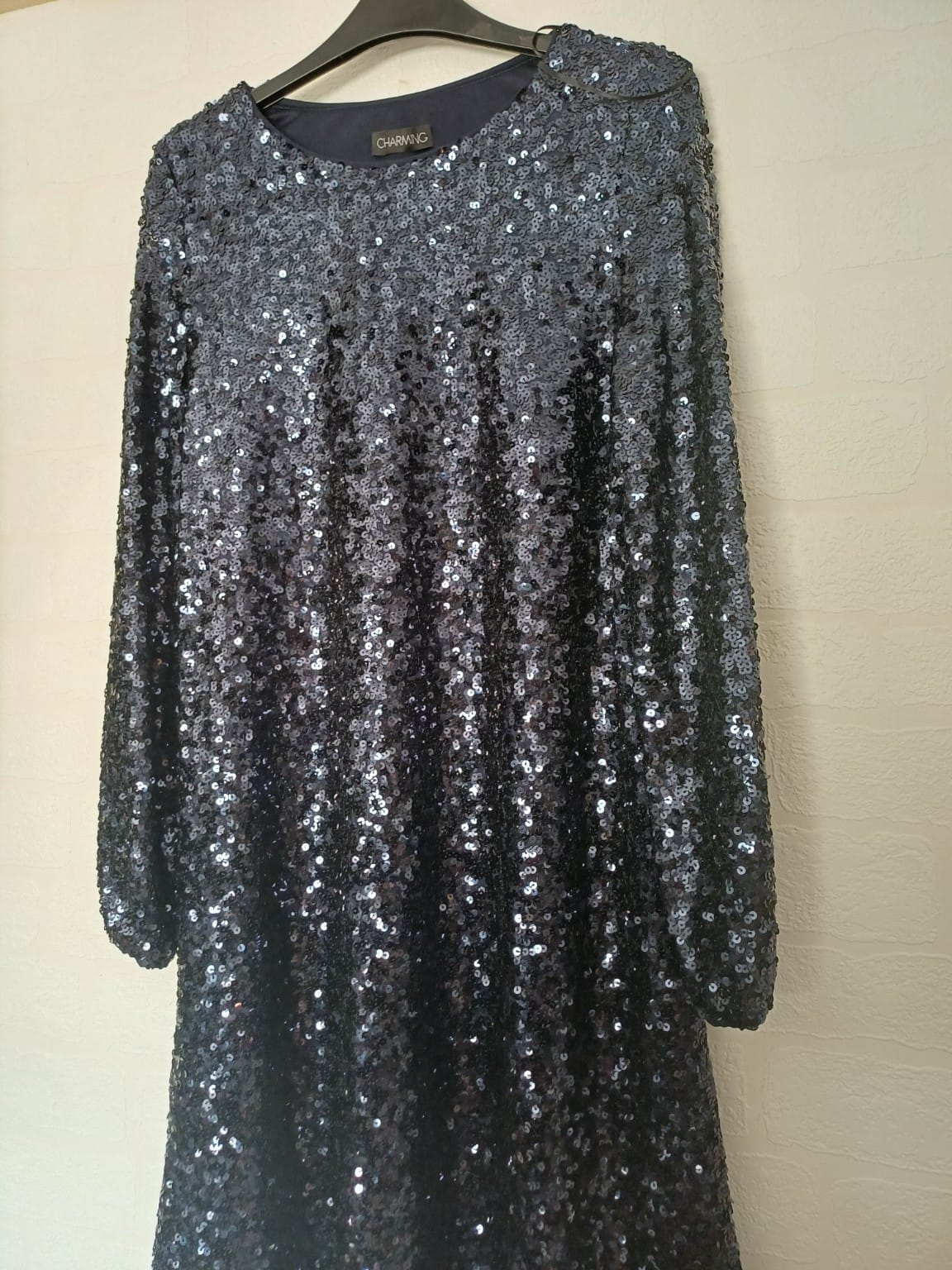 Women's Sequin Party Dress Charming Navy Blue Long Sleeve Approx. UK 12 Approx. 18" PTP - Good Condition