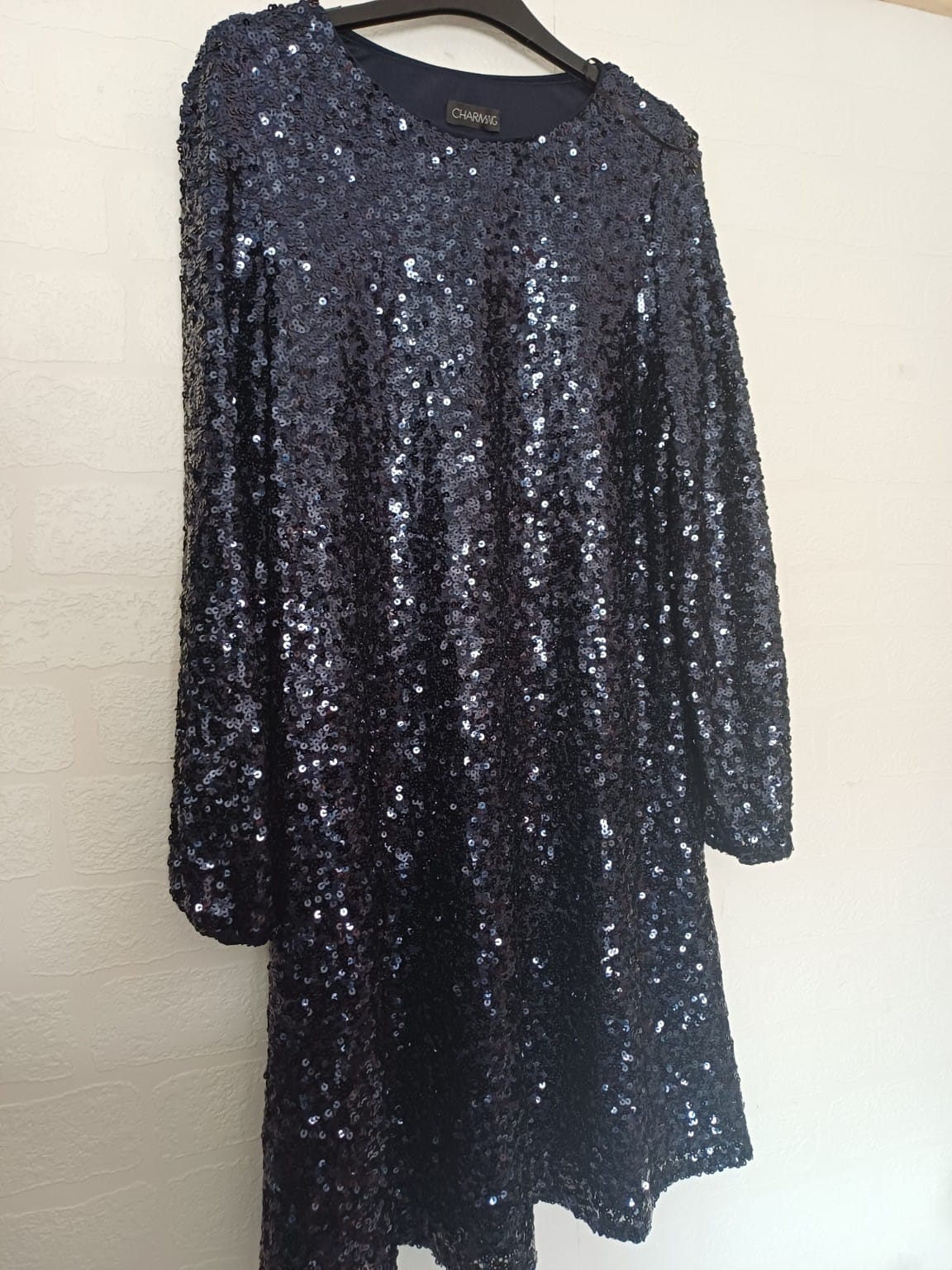 Women's Sequin Party Dress Charming Navy Blue Long Sleeve Approx. UK 12 Approx. 18" PTP - Good Condition