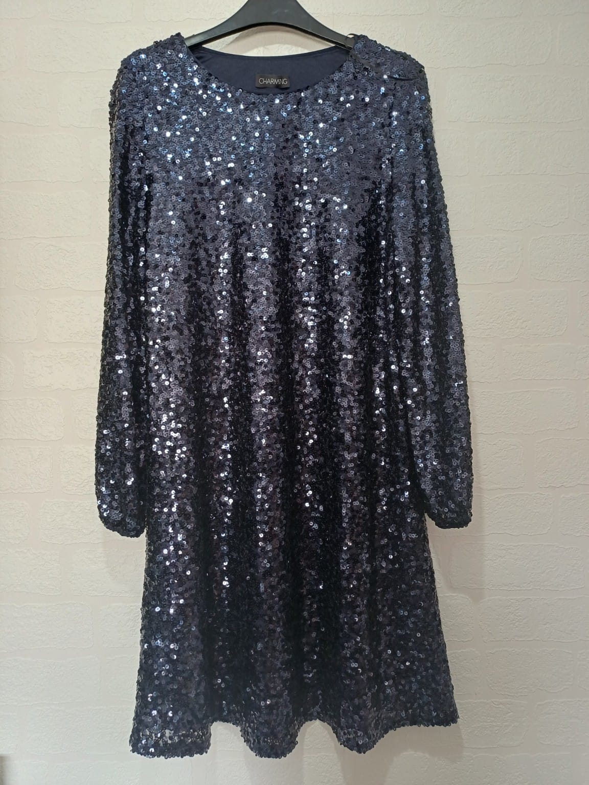 Women's Sequin Party Dress Charming Navy Blue Long Sleeve Approx. UK 12 Approx. 18" PTP - Good Condition