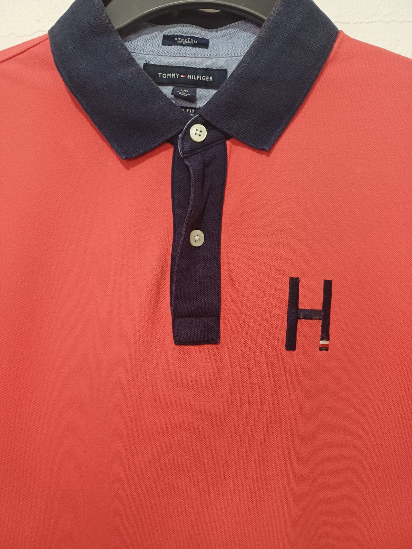 Men's Polo Shirt Tommy Hilfiger Coral Red Large Approx. 21" PTP - Good Condition