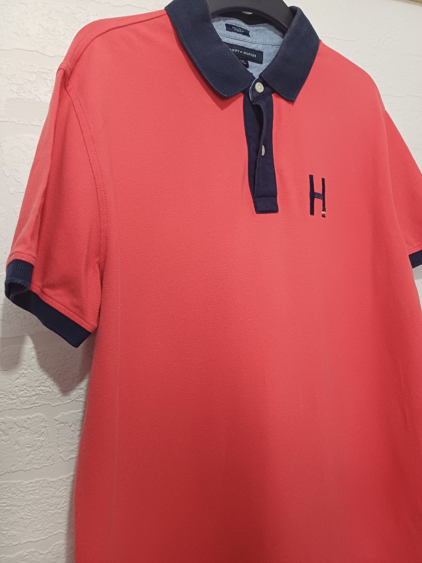 Men's Polo Shirt Tommy Hilfiger Coral Red Large Approx. 21" PTP - Good Condition