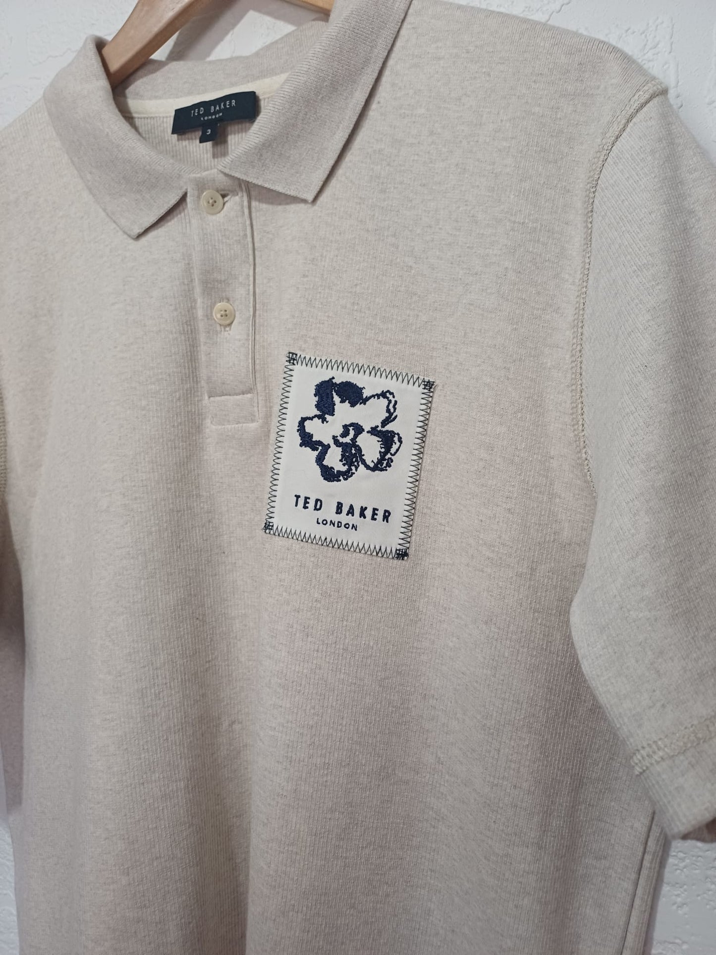 Men's Polo Shirt Ted Baker Cream Size 3 Medium Approx. 21" PTP - Like New Condition