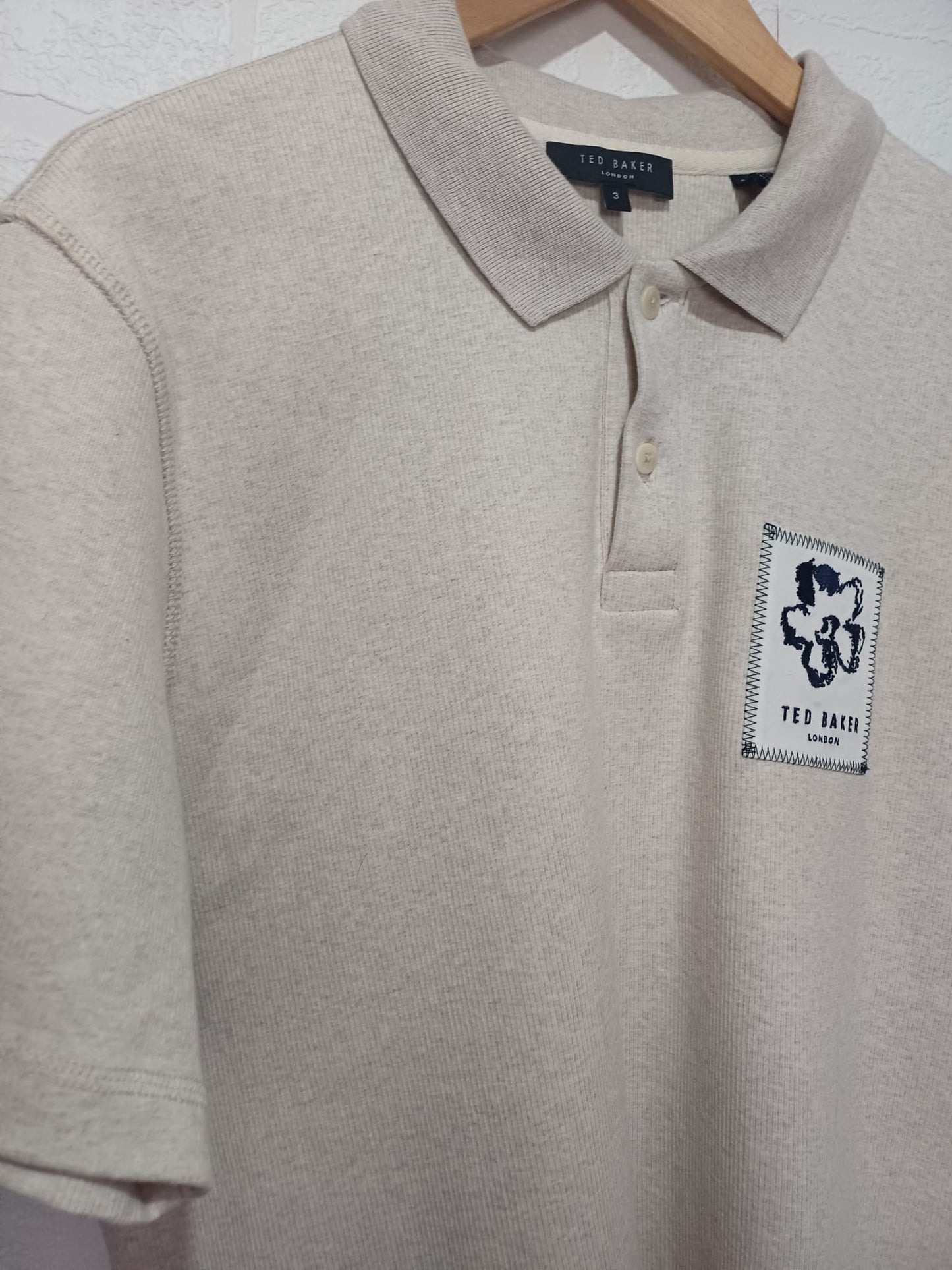 Men's Polo Shirt Ted Baker Cream Size 3 Medium Approx. 21" PTP - Like New Condition