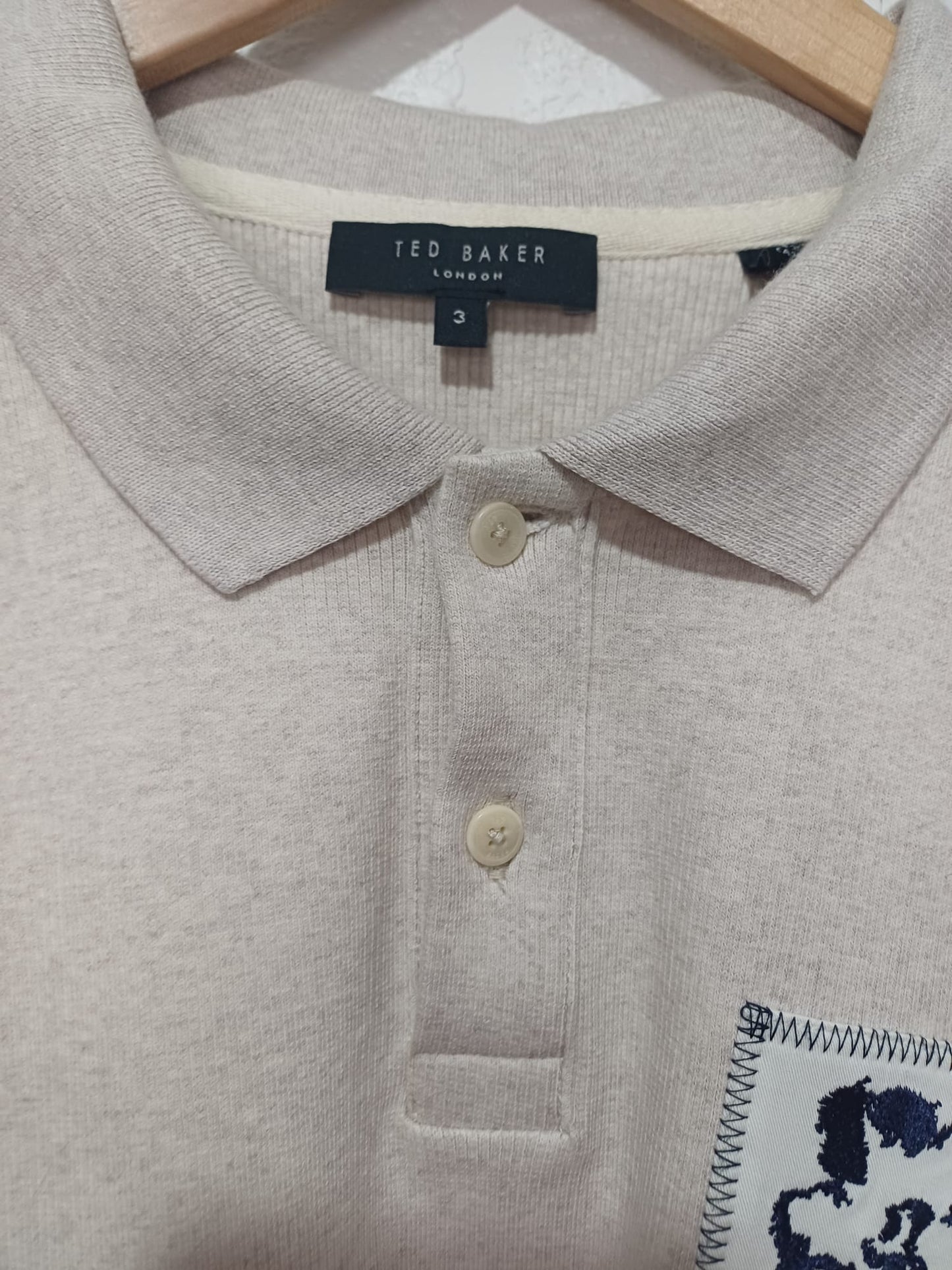 Men's Polo Shirt Ted Baker Cream Size 3 Medium Approx. 21" PTP - Like New Condition