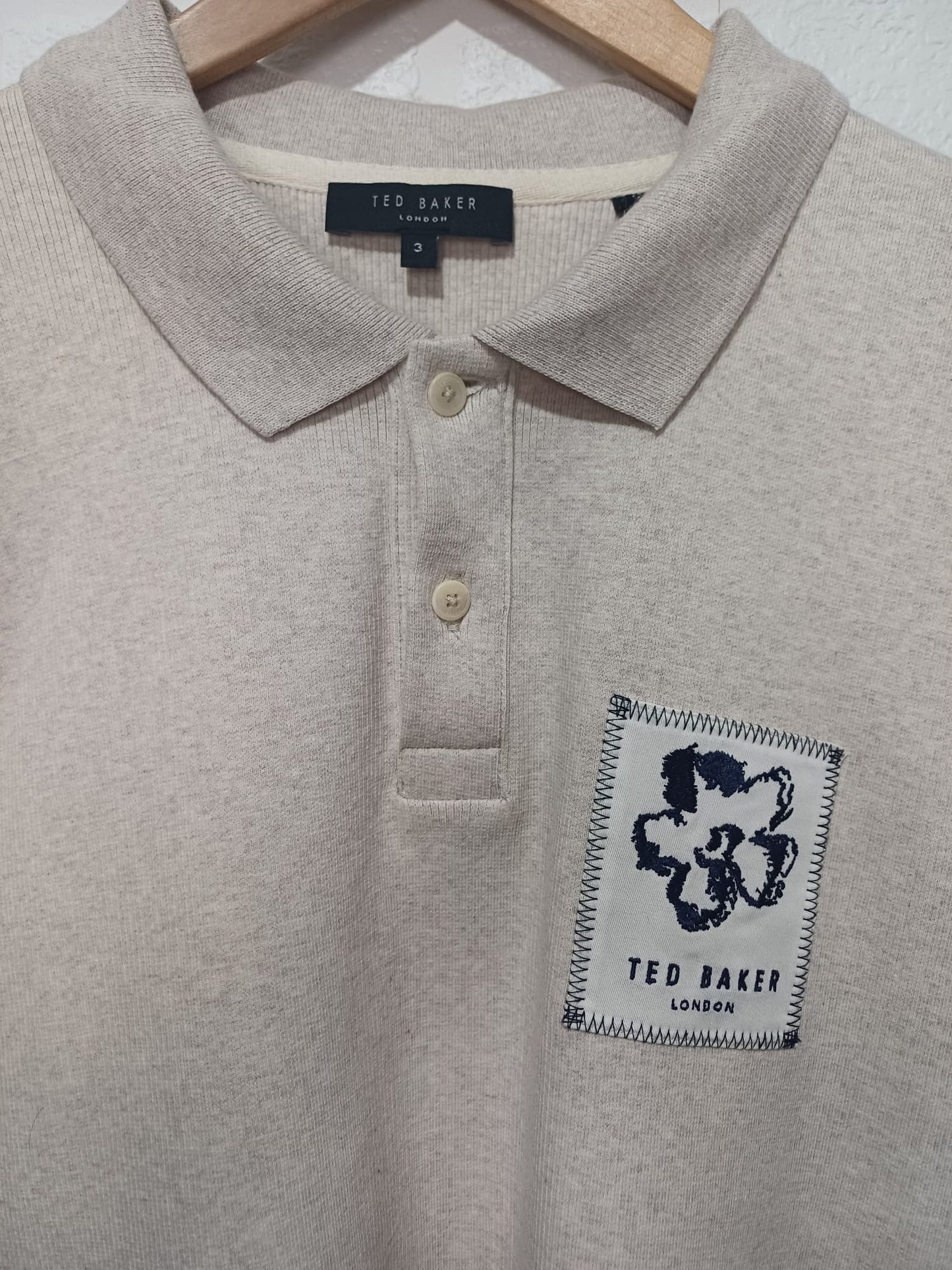 Men's Polo Shirt Ted Baker Cream Size 3 Medium Approx. 21" PTP - Like New Condition