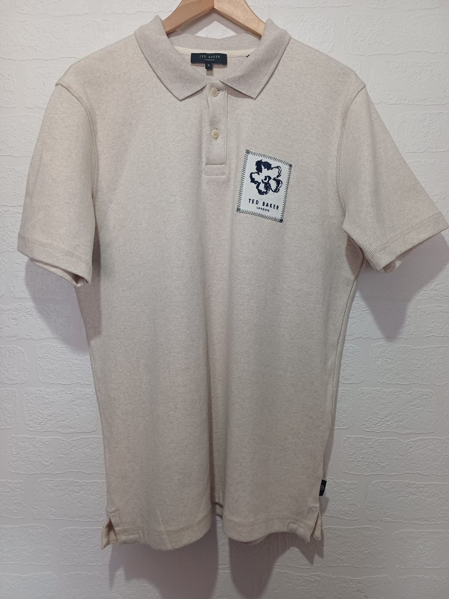 Men's Polo Shirt Ted Baker Cream Size 3 Medium Approx. 21" PTP - Like New Condition