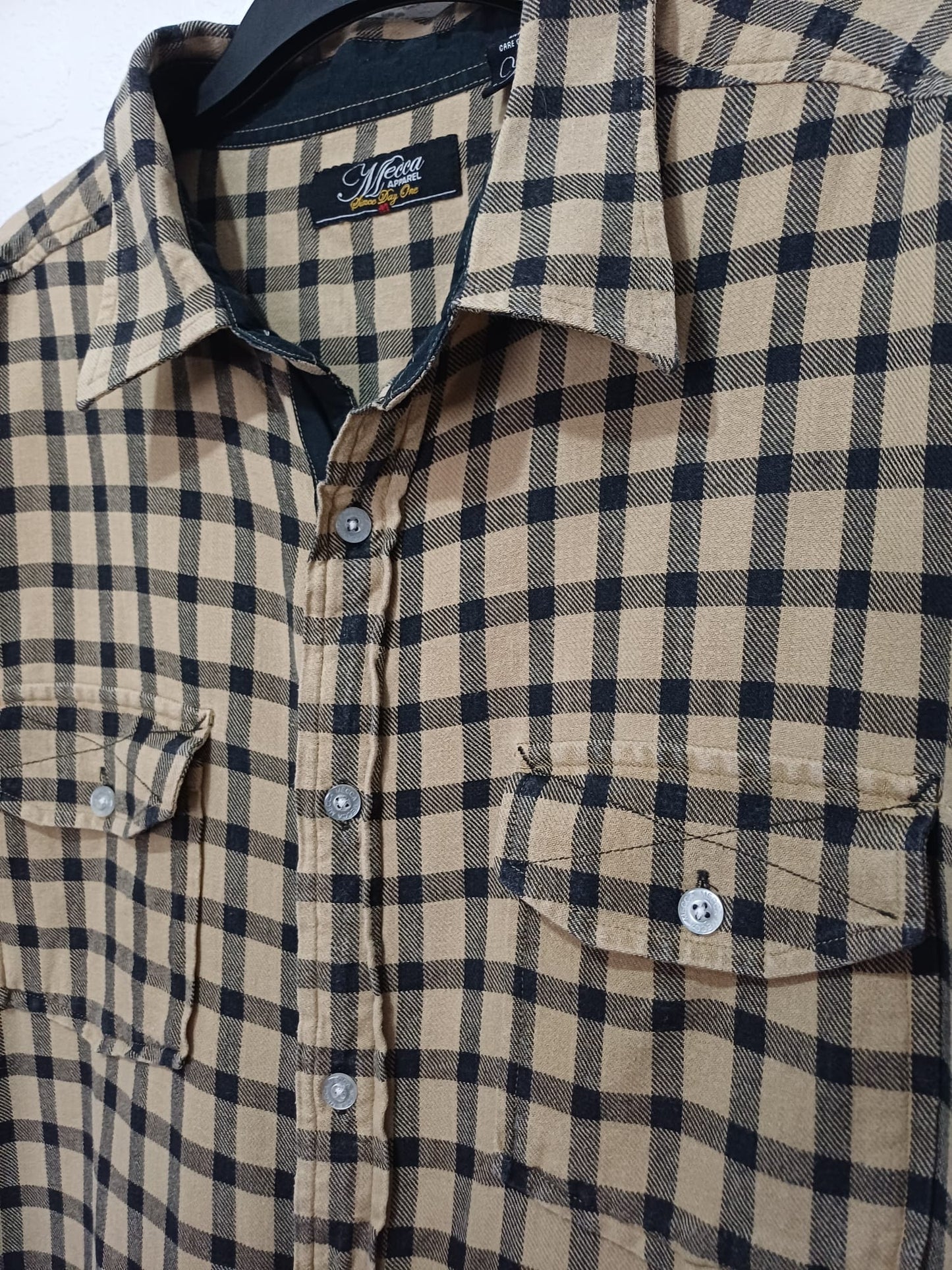 Men's Flannel Shirt Mecca Apparel Mustard/Black Button Front Size XL Approx. 24" PTP - Great Condition