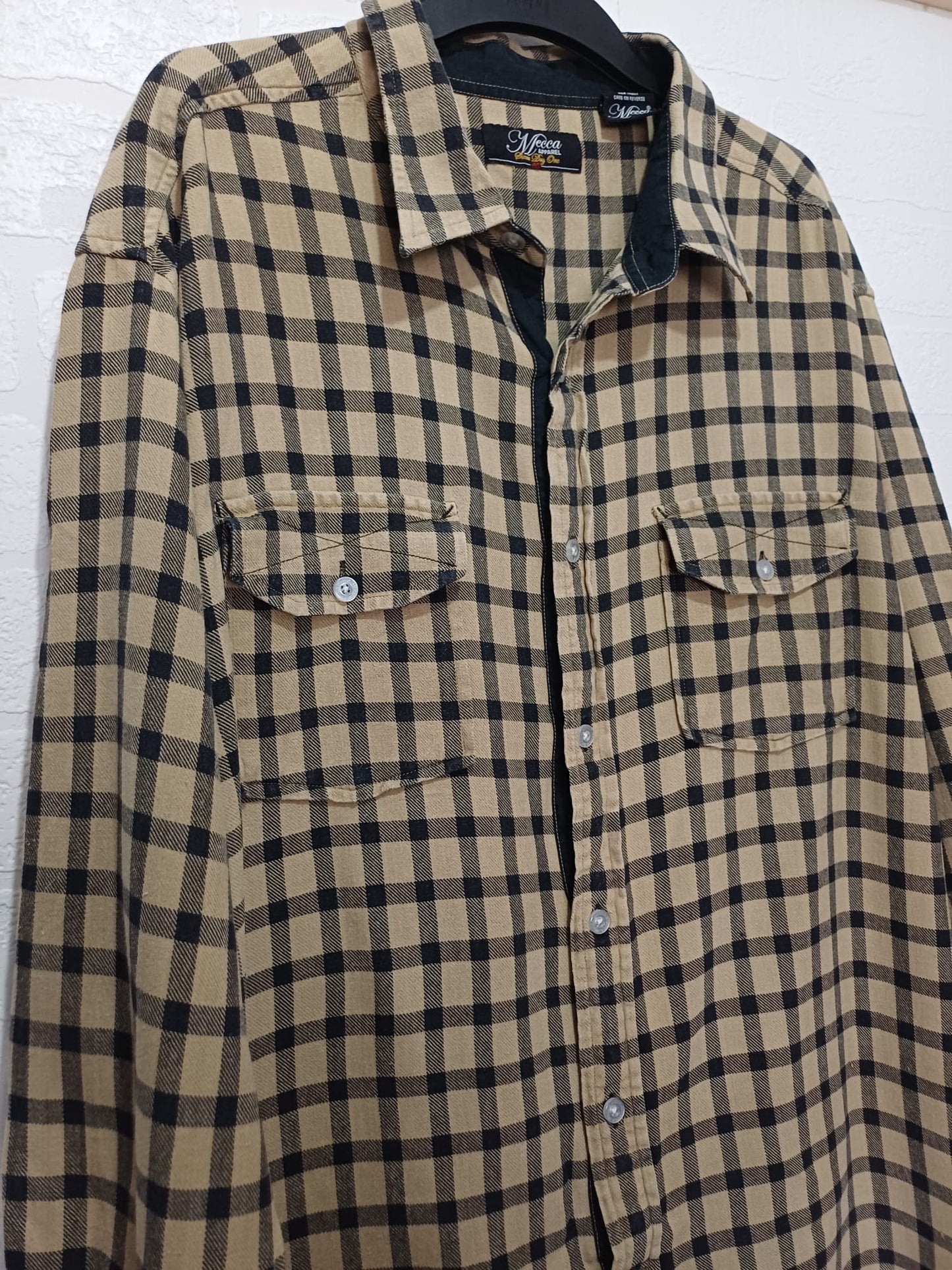 Men's Flannel Shirt Mecca Apparel Mustard/Black Button Front Size XL Approx. 24" PTP - Great Condition